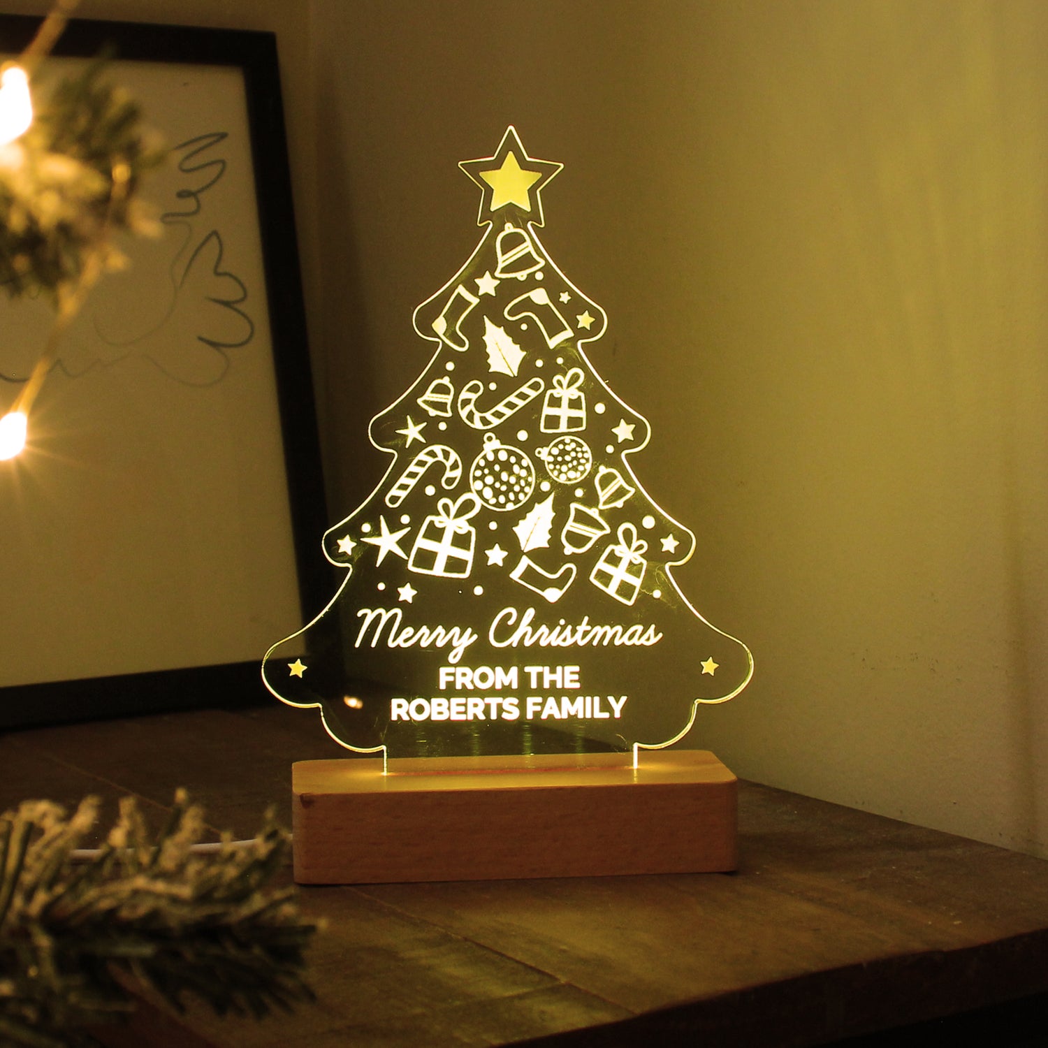 Personalised Christmas Tree Wooden Based LED Light - gift & personalise