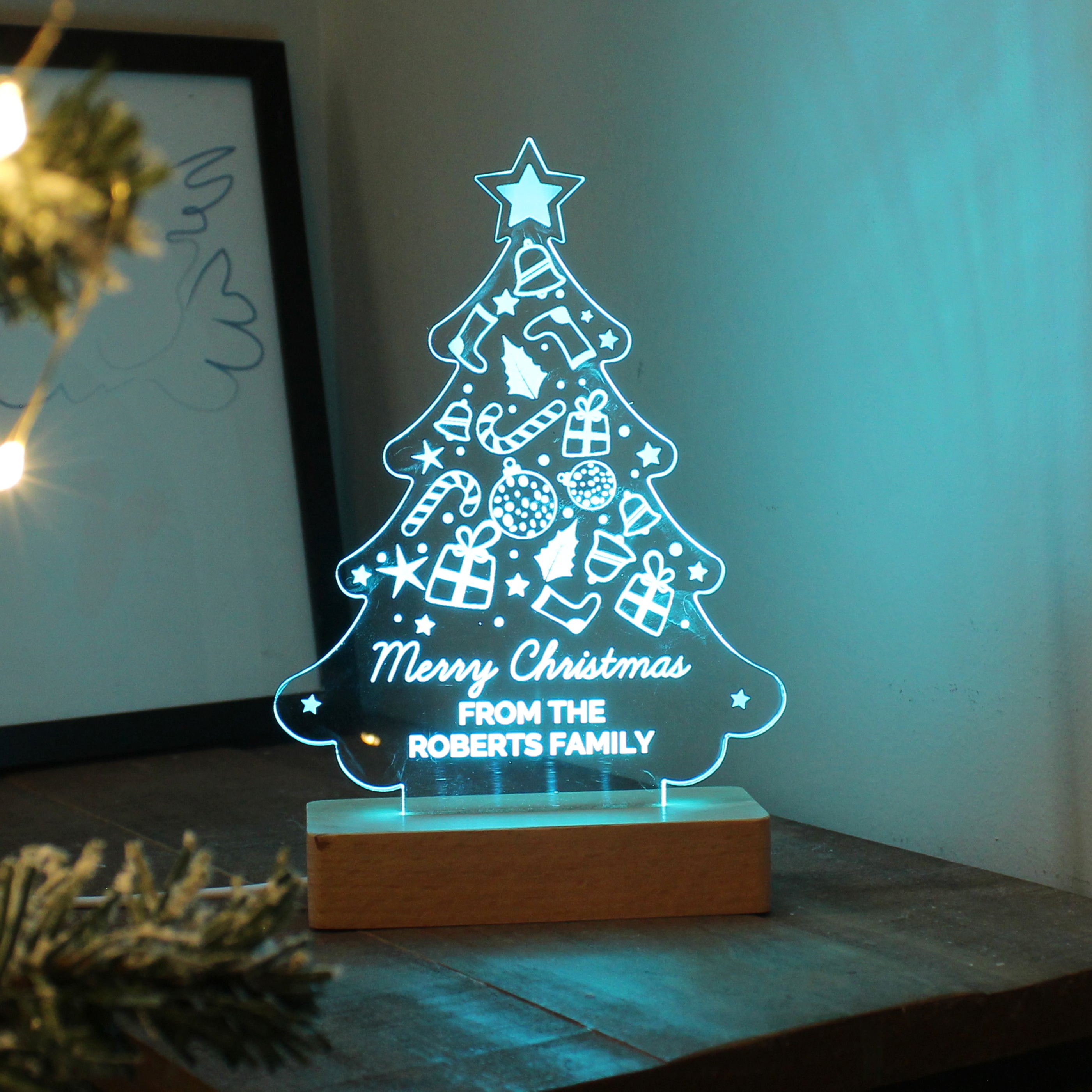 Personalised Christmas Tree Wooden Based LED Light - gift & personalise