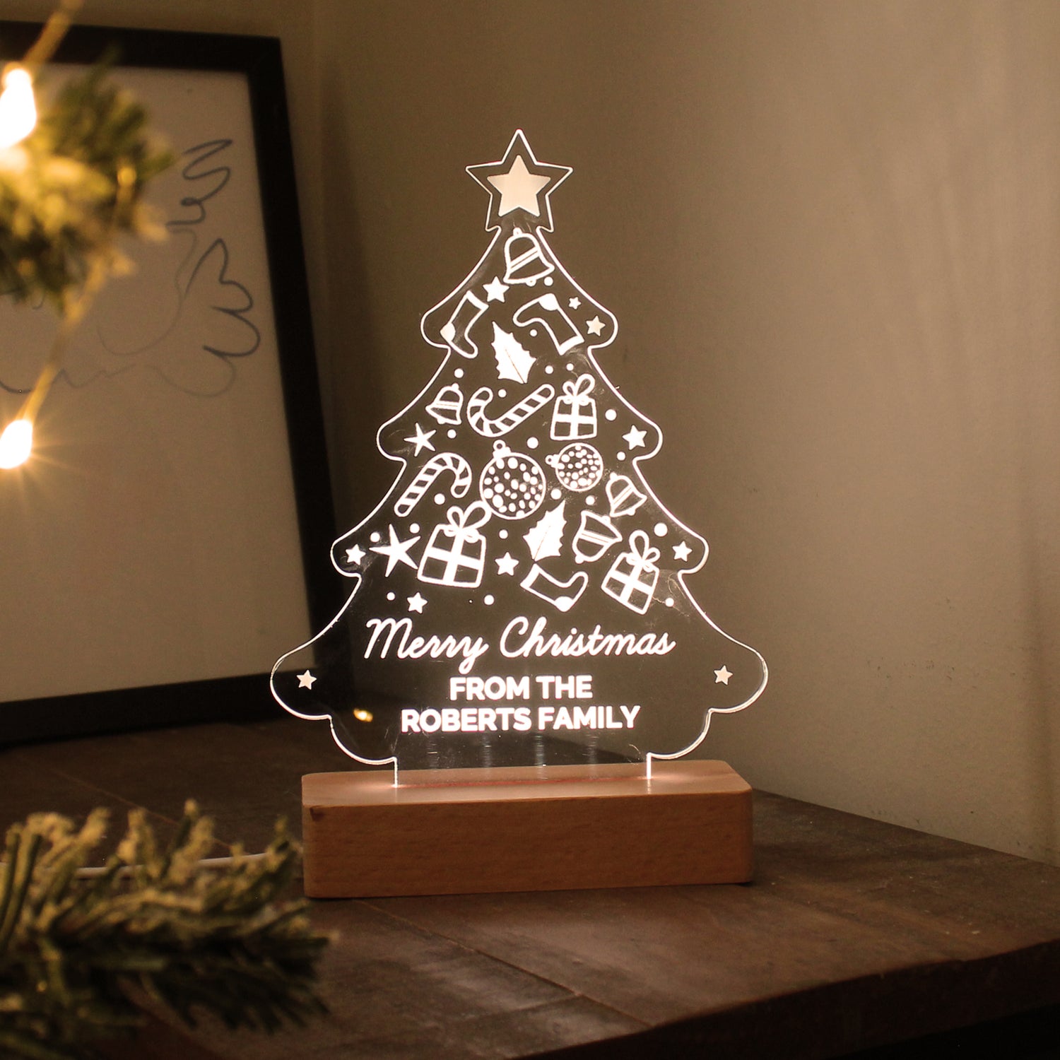 Personalised Christmas Tree Wooden Based LED Light - gift & personalise