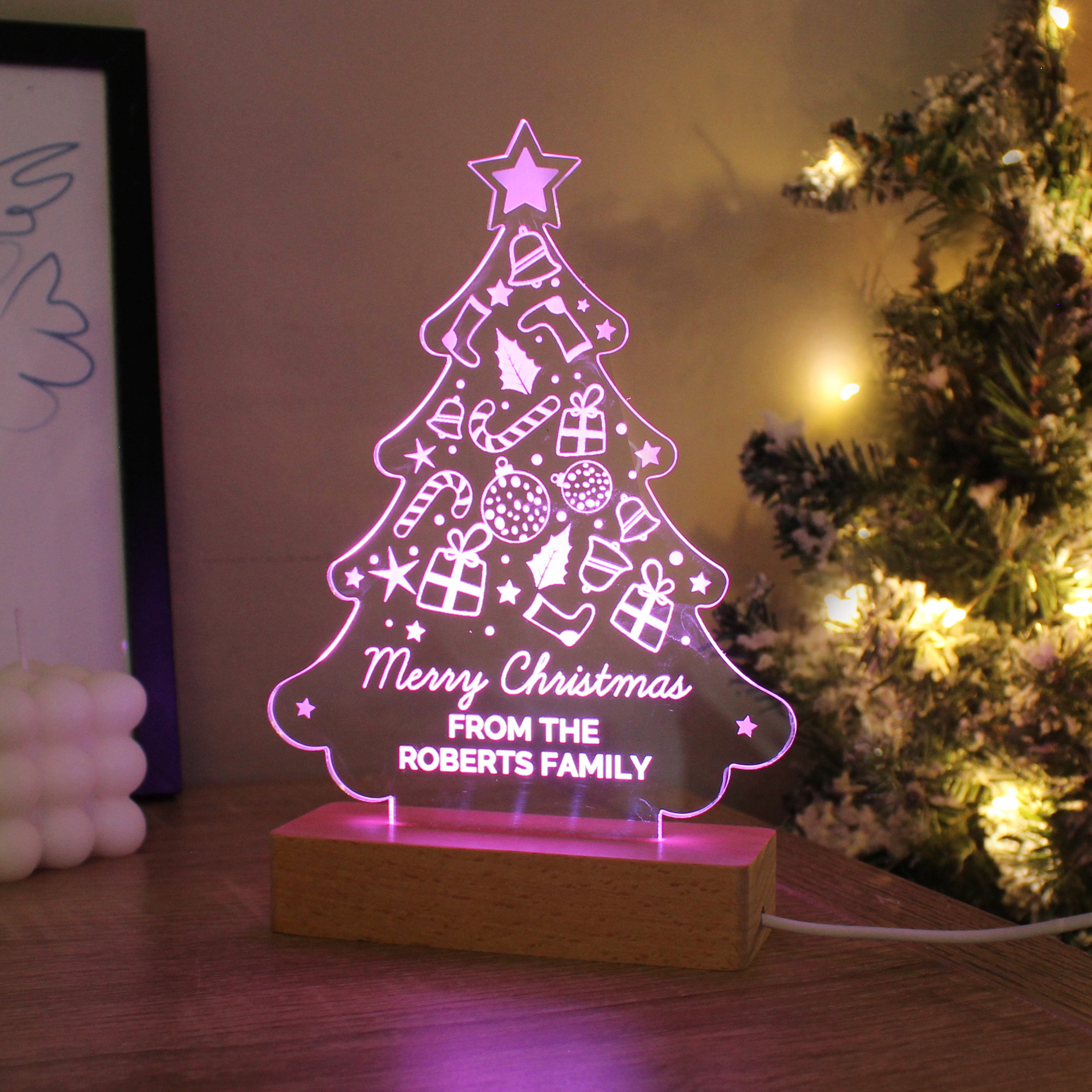 Personalised Christmas Tree Wooden Based LED Light - gift & personalise