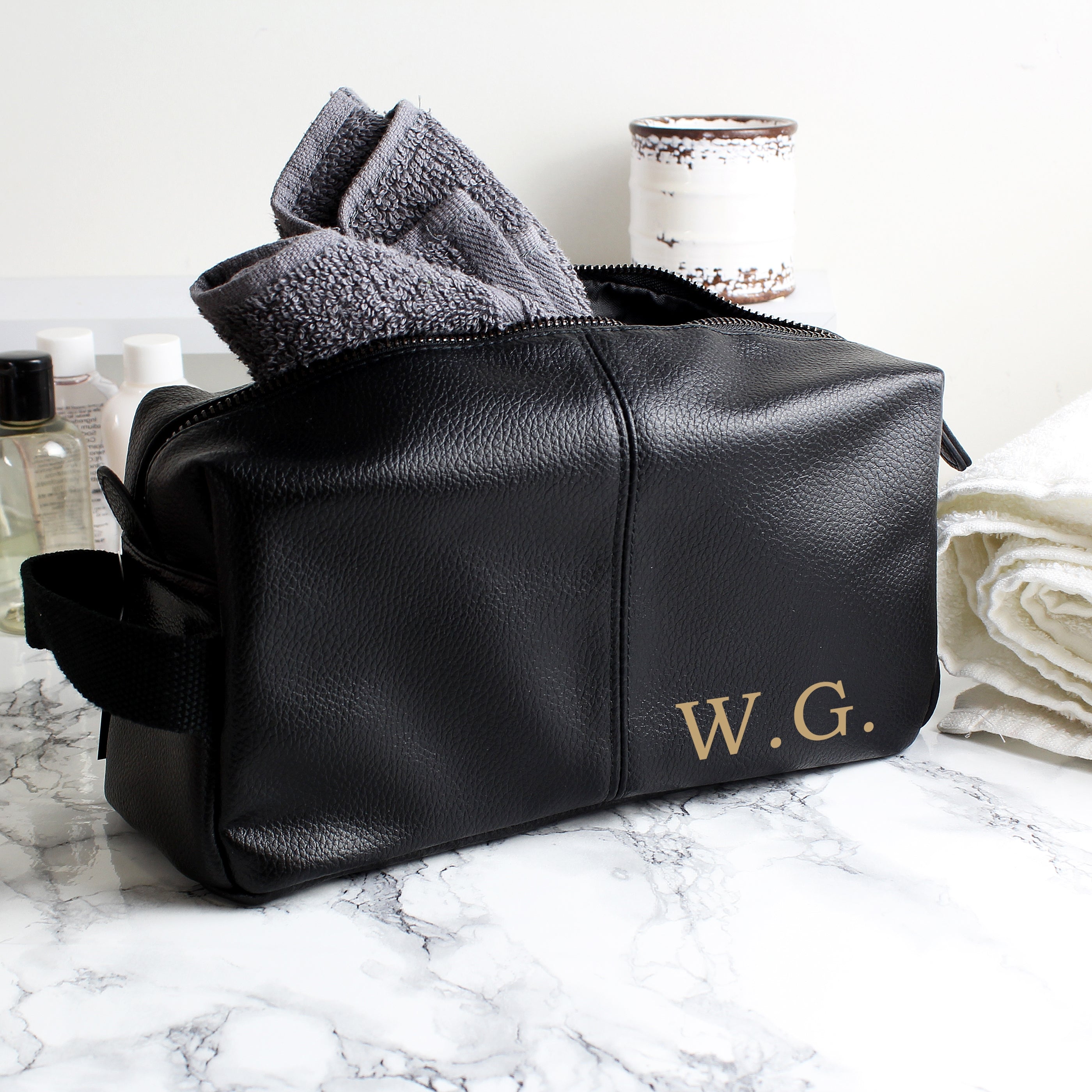 Personalised Luxury Initials Black leatherette Wash Bag - gift & personalise