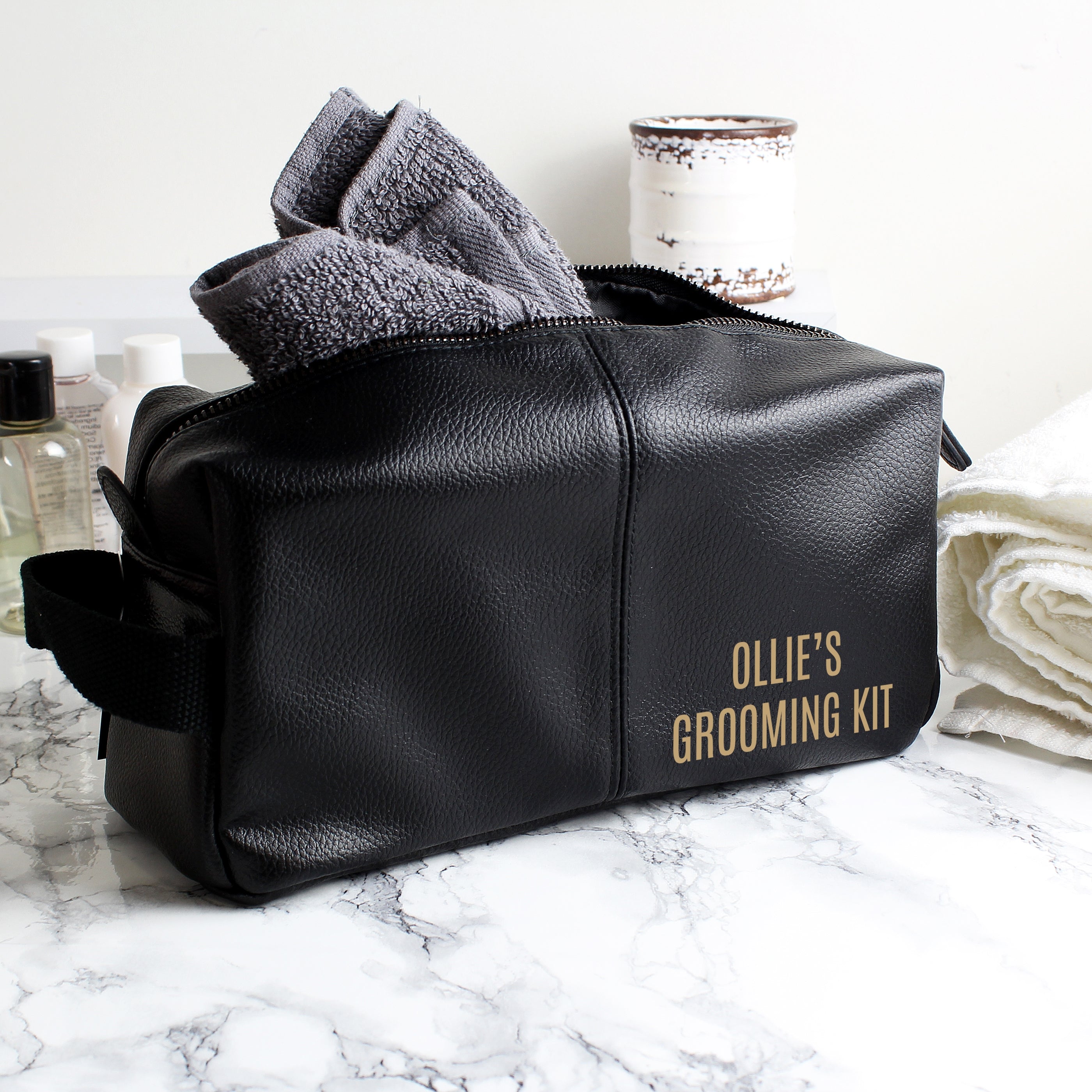 Personalised Luxury Black leatherette Wash Bag - gift & personalise