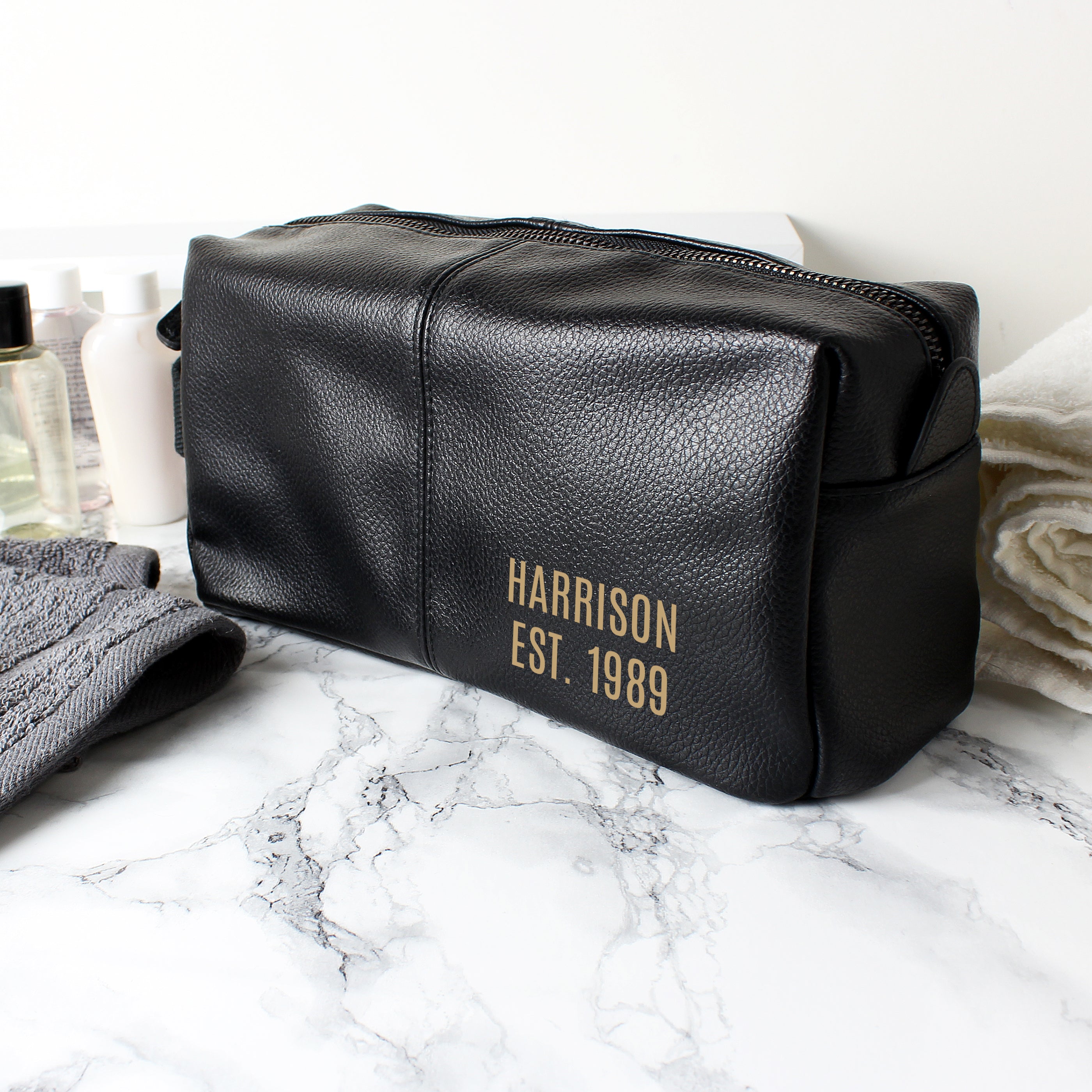 Personalised Luxury Black leatherette Wash Bag - gift & personalise