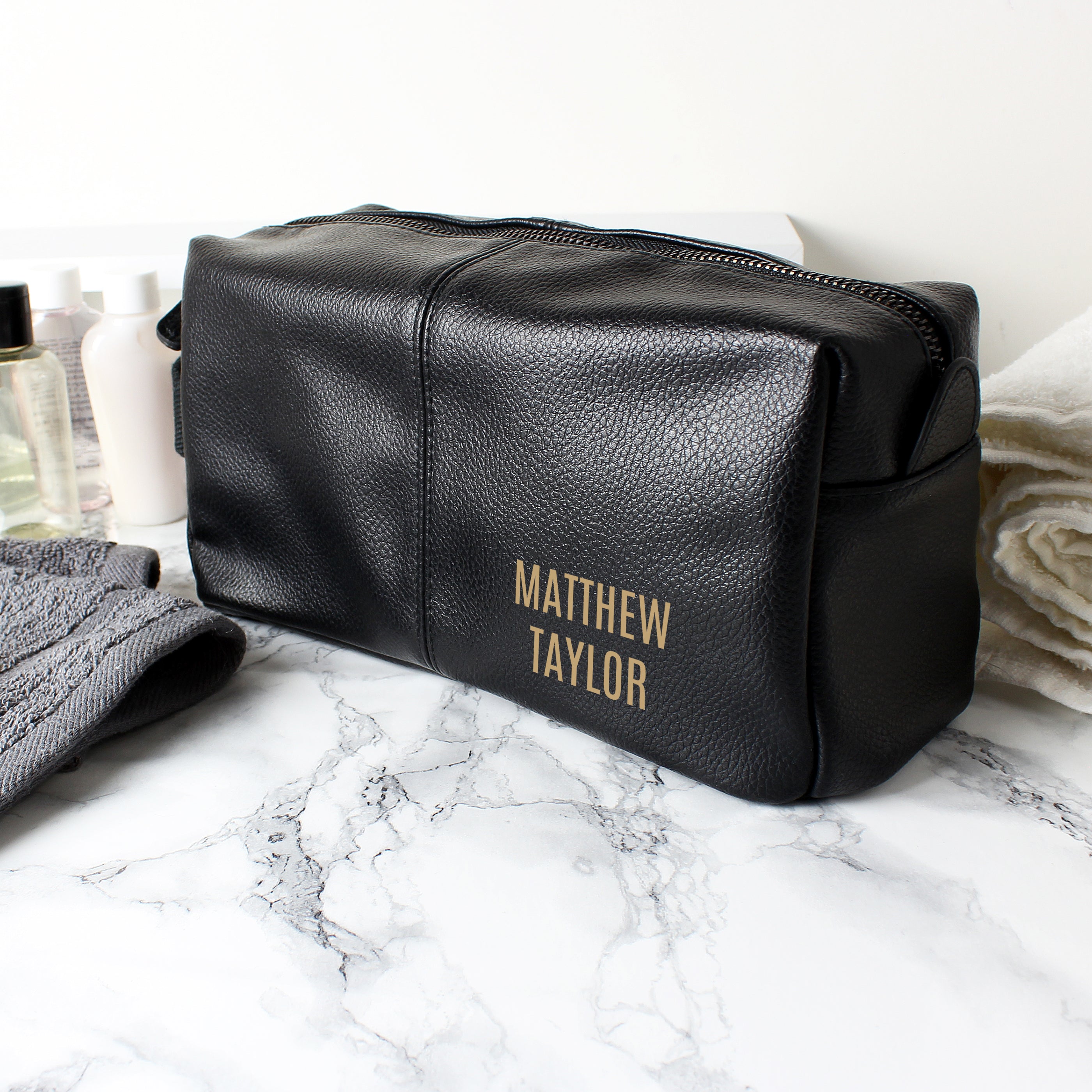 Personalised Luxury Black leatherette Wash Bag - gift & personalise