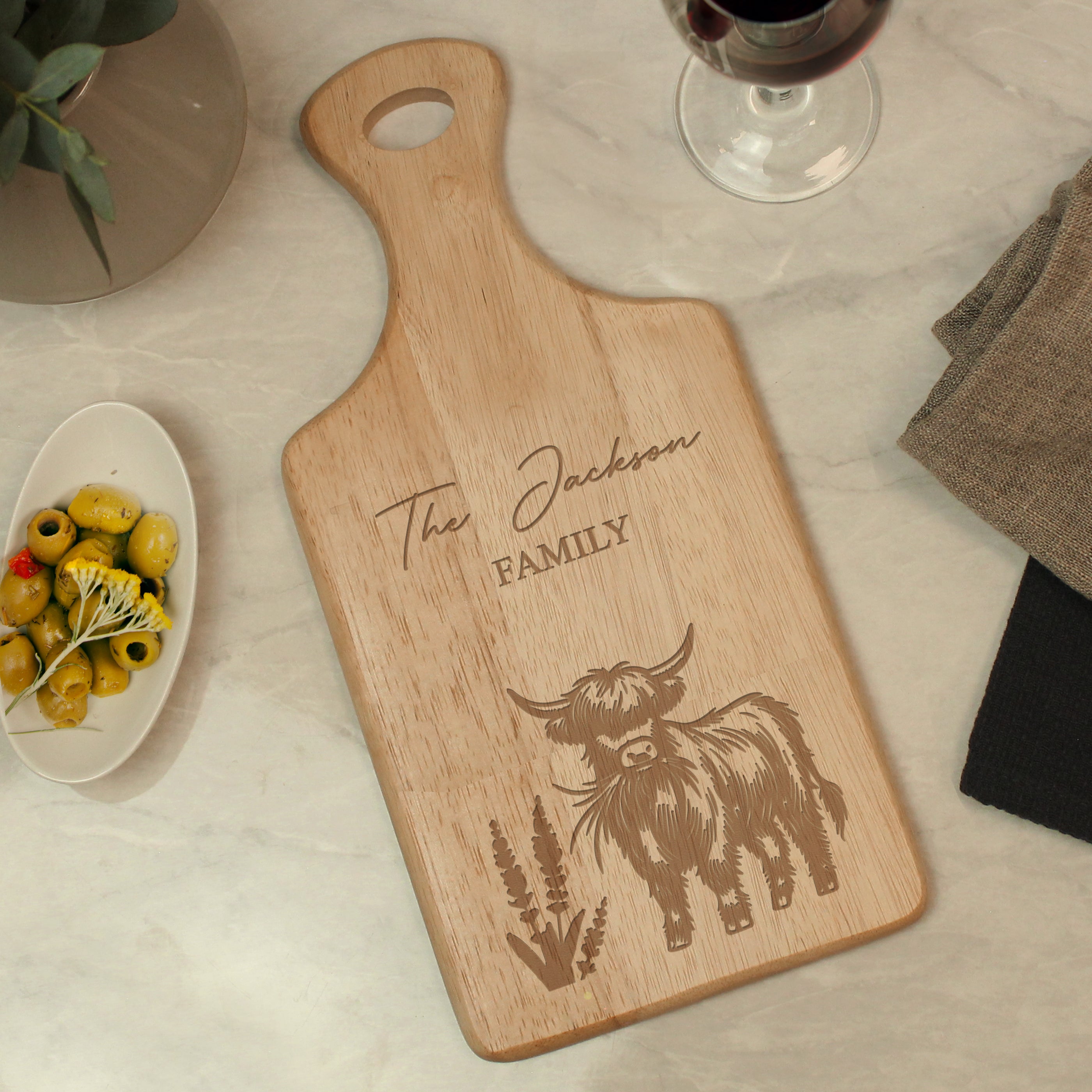 Personalised Highland Cow Paddle Chopping Board