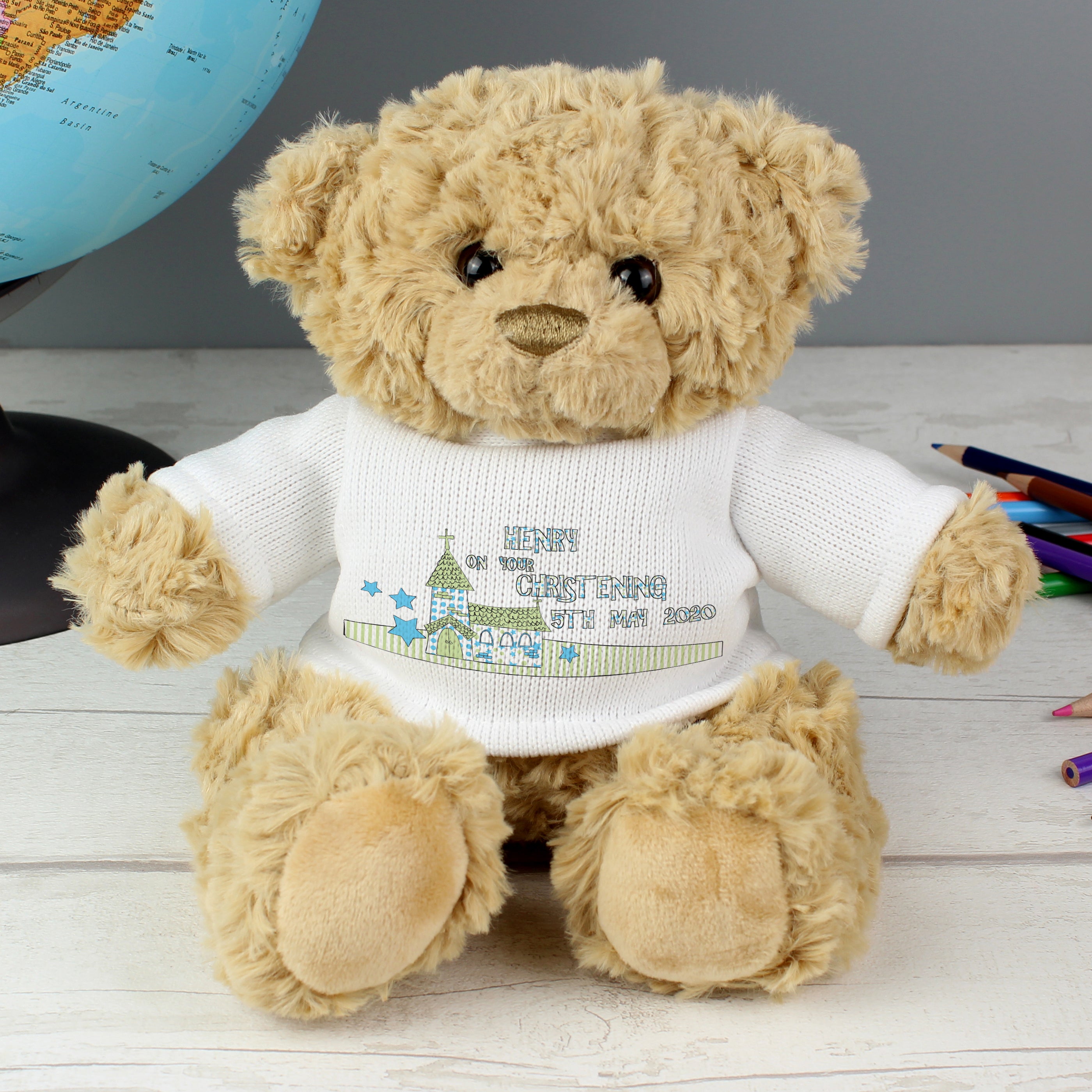 Personalised Blue Church Message Teddy Bear - gift & personalise