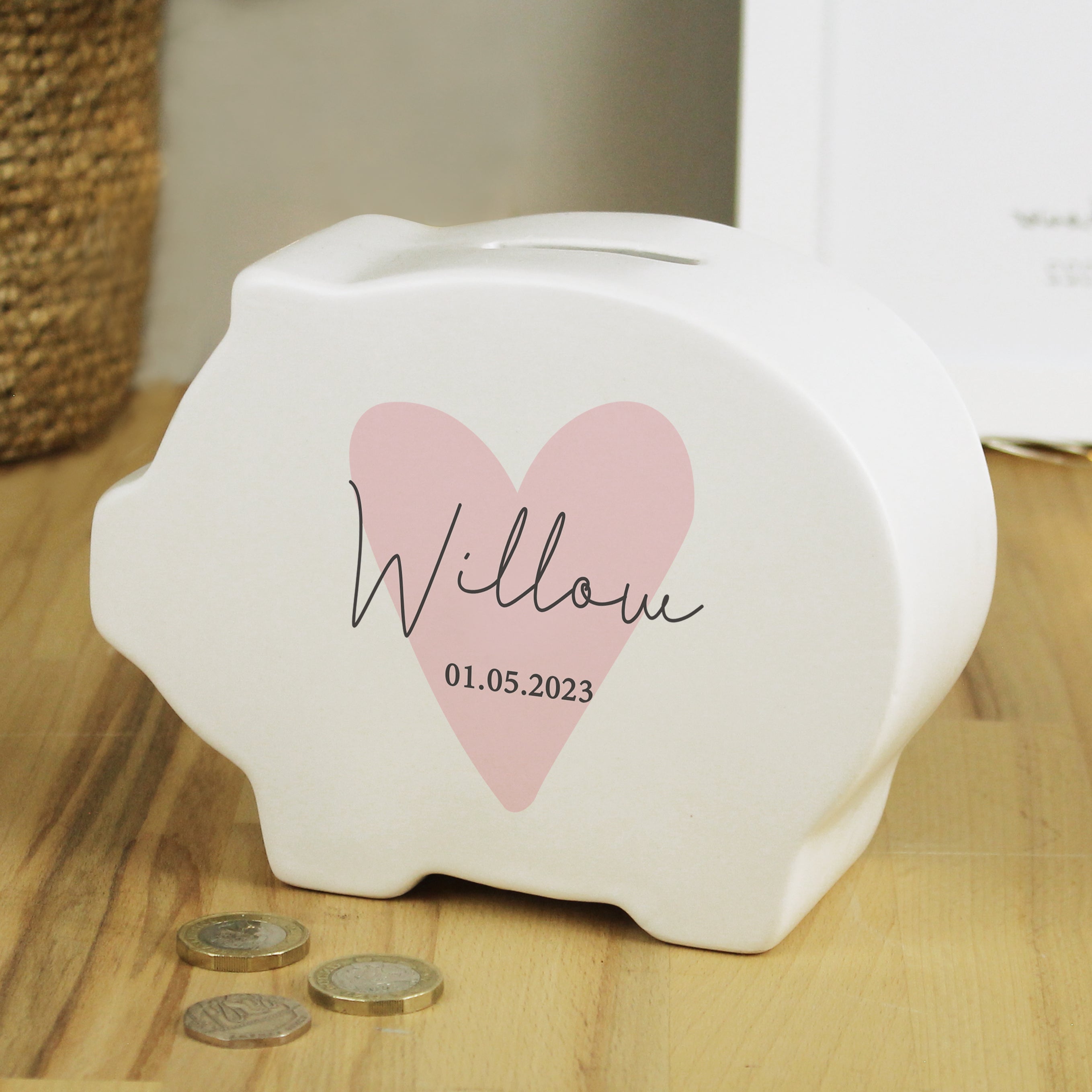 Personalised Pink Heart Piggy Bank - gift & personalise