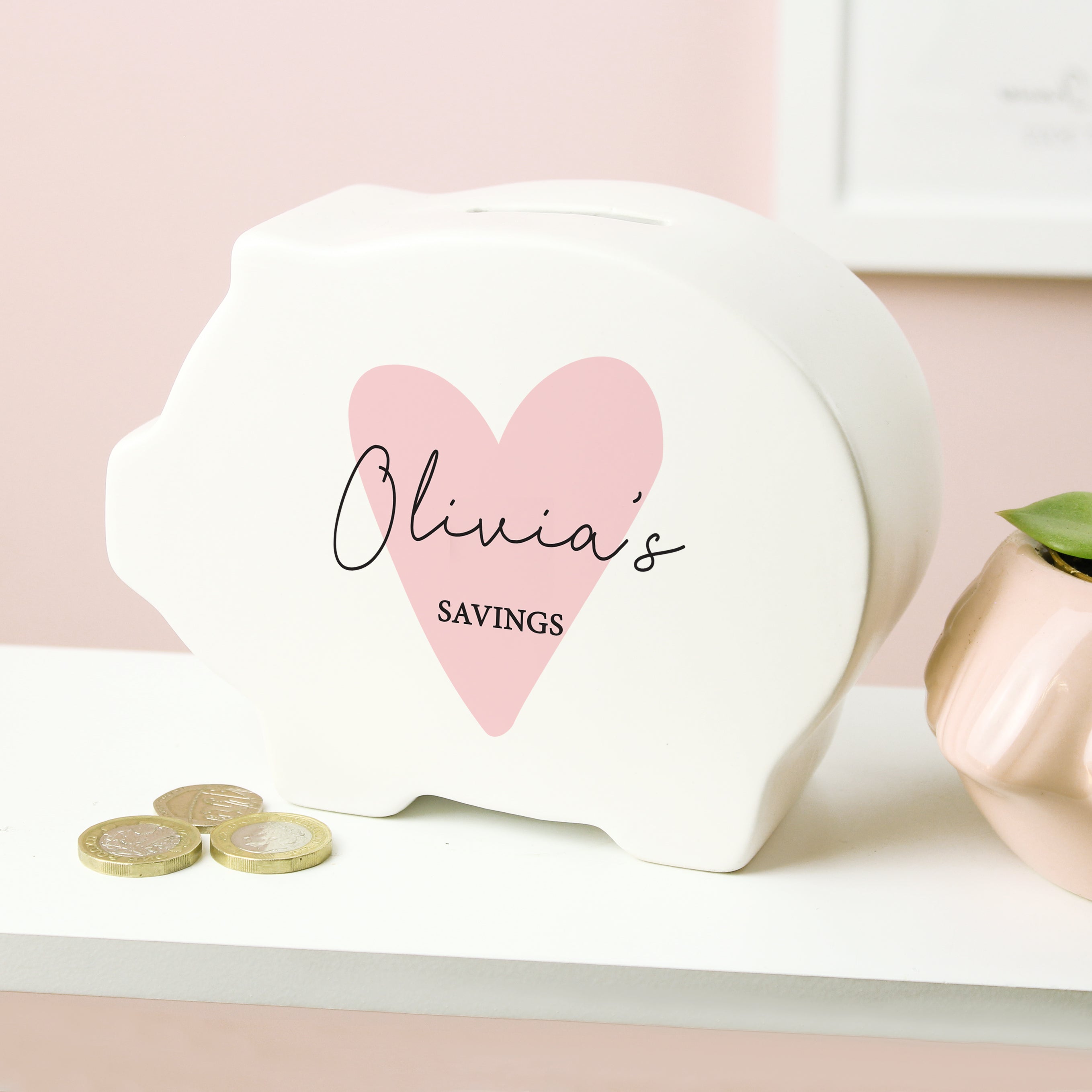 Personalised Pink Heart Piggy Bank - gift & personalise