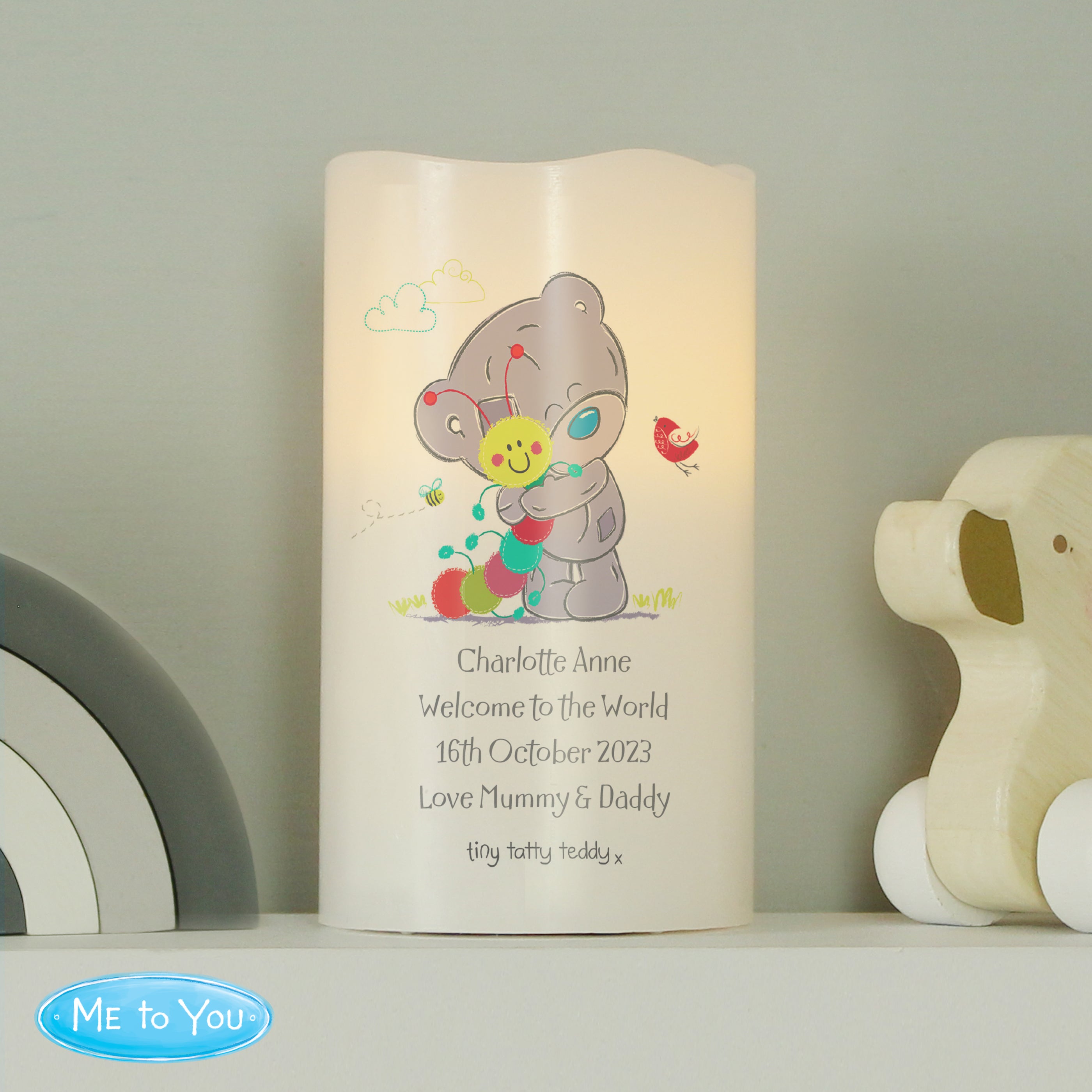 Personalised Tiny Tatty Teddy Cuddle Bug Nightlight LED Candle - gift & personalise