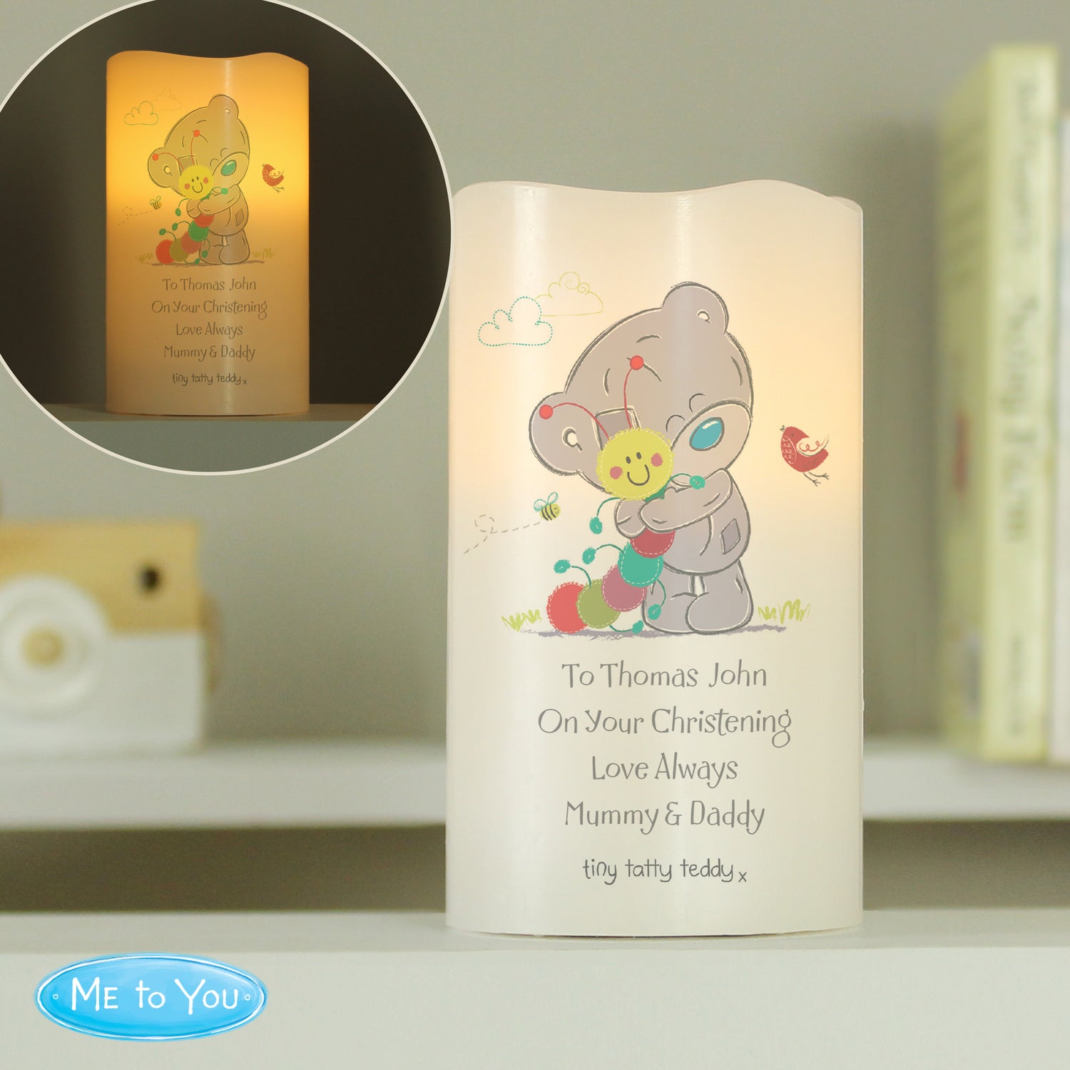 Personalised Tiny Tatty Teddy Cuddle Bug Nightlight LED Candle - gift & personalise