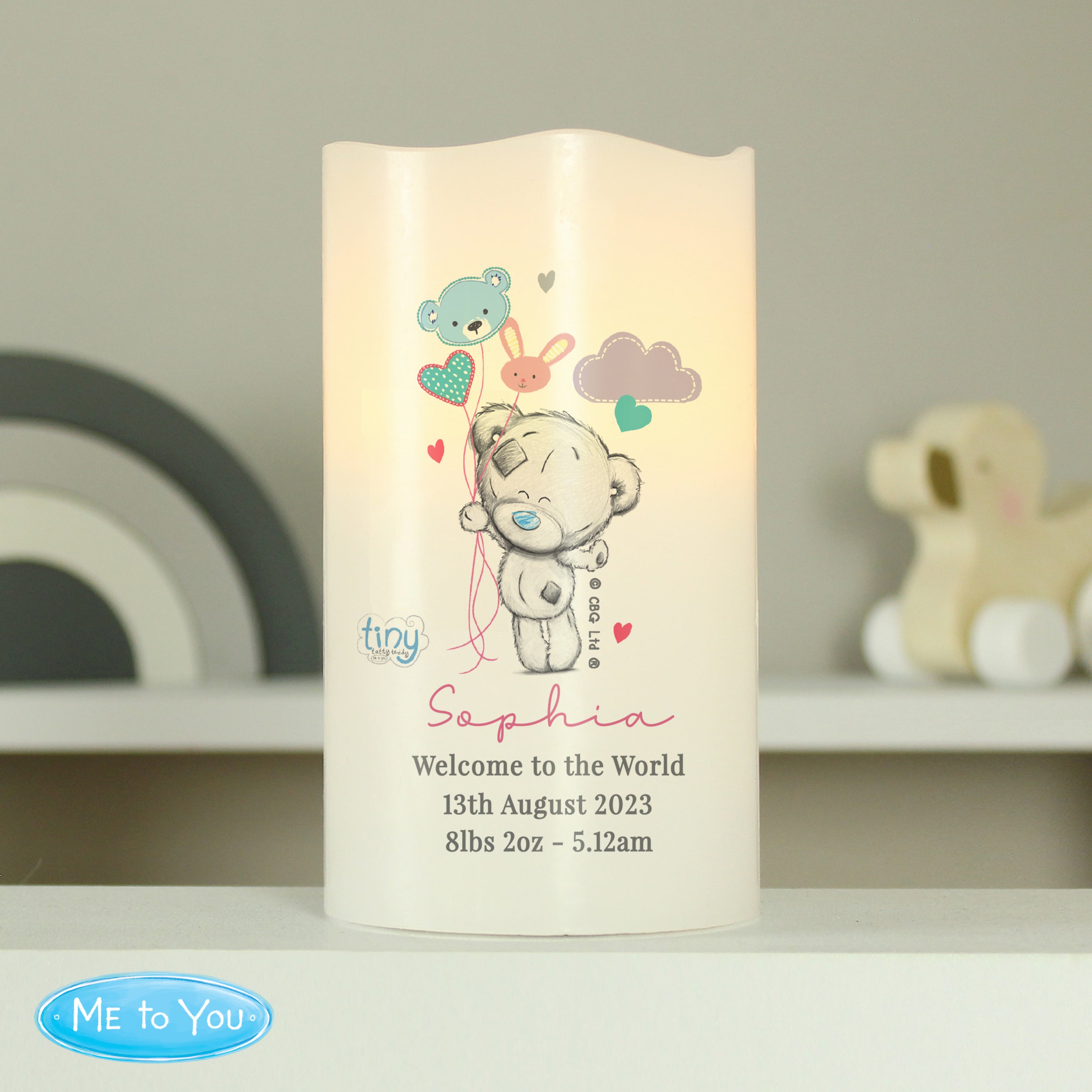 Personalised Tiny Tatty Teddy Dream Big Pink Nightlight LED Candle - gift & personalise