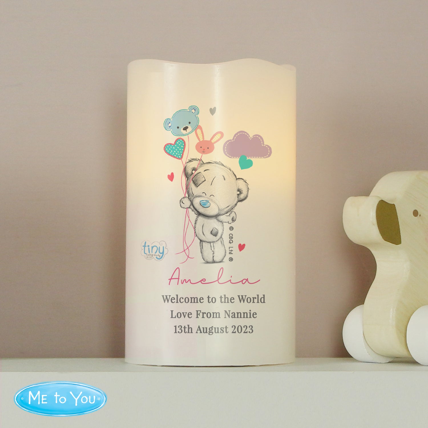 Personalised Tiny Tatty Teddy Dream Big Pink Nightlight LED Candle - gift & personalise