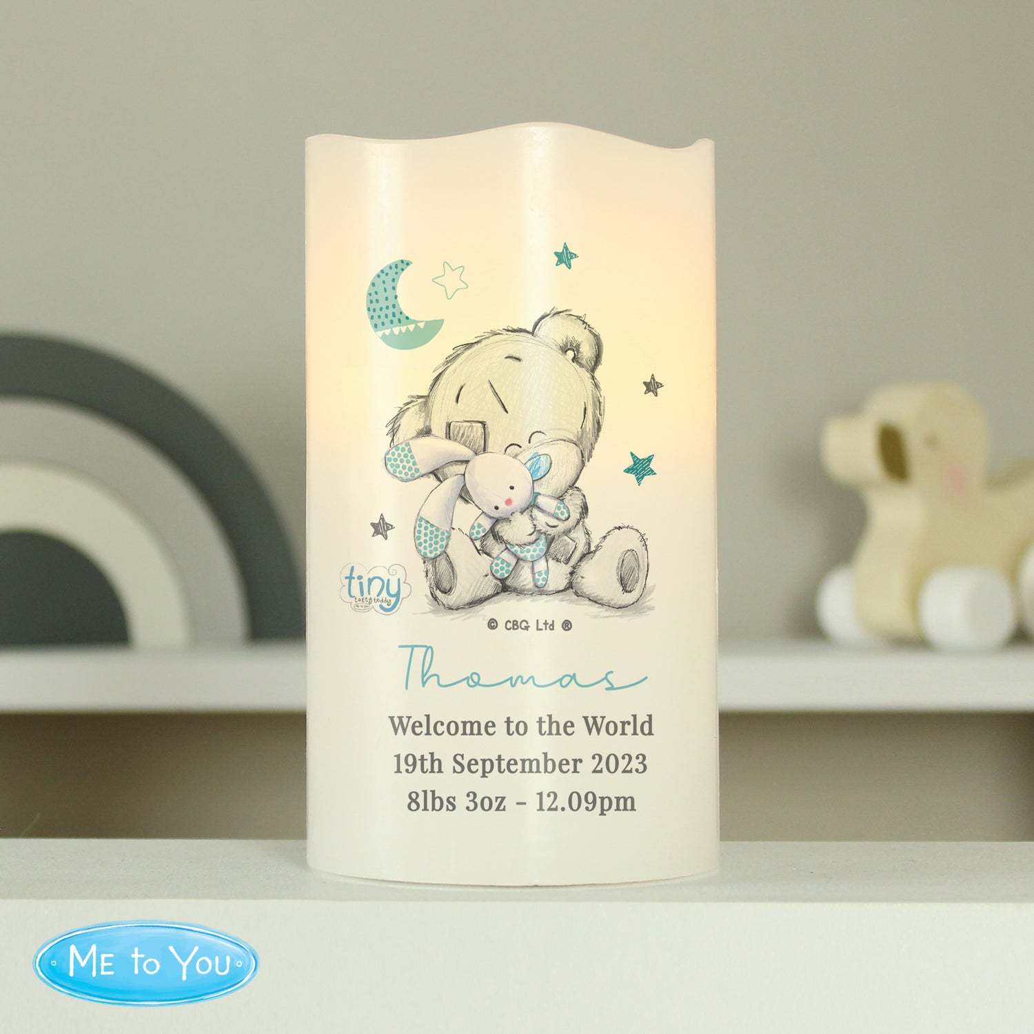 Personalised Tiny Tatty Teddy Blue Nightlight LED Candle - gift & personalise