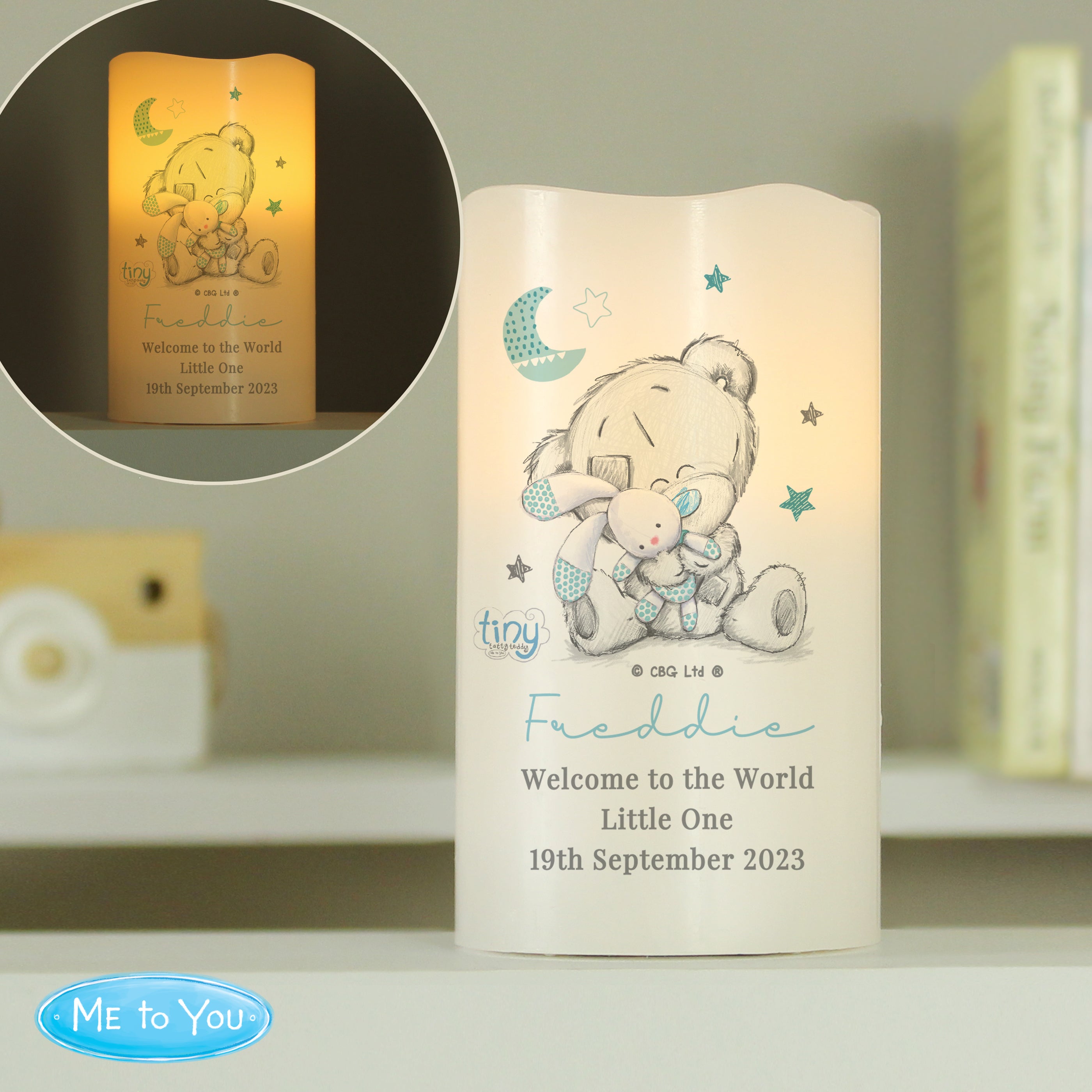 Personalised Tiny Tatty Teddy Blue Nightlight LED Candle - gift & personalise