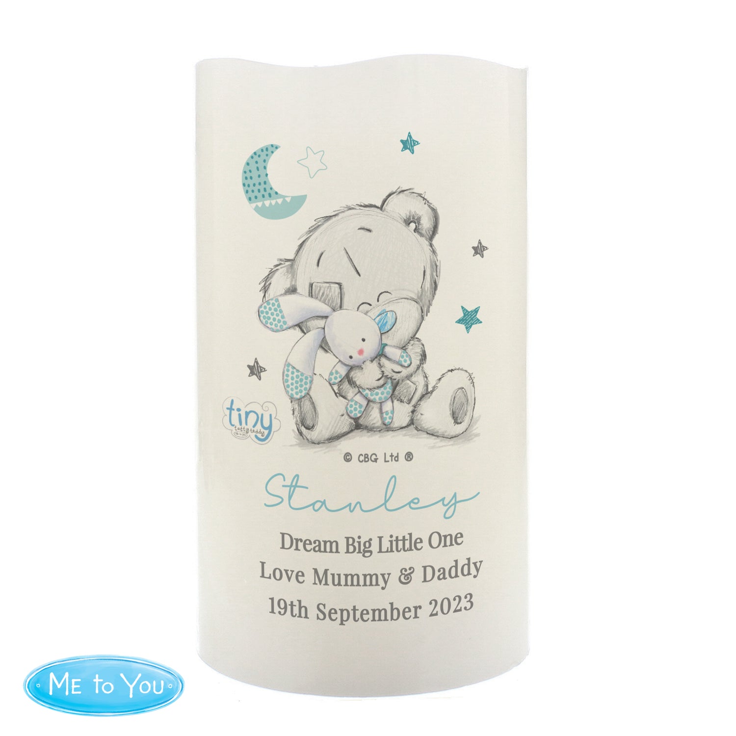 Personalised Tiny Tatty Teddy Blue Nightlight LED Candle - gift & personalise