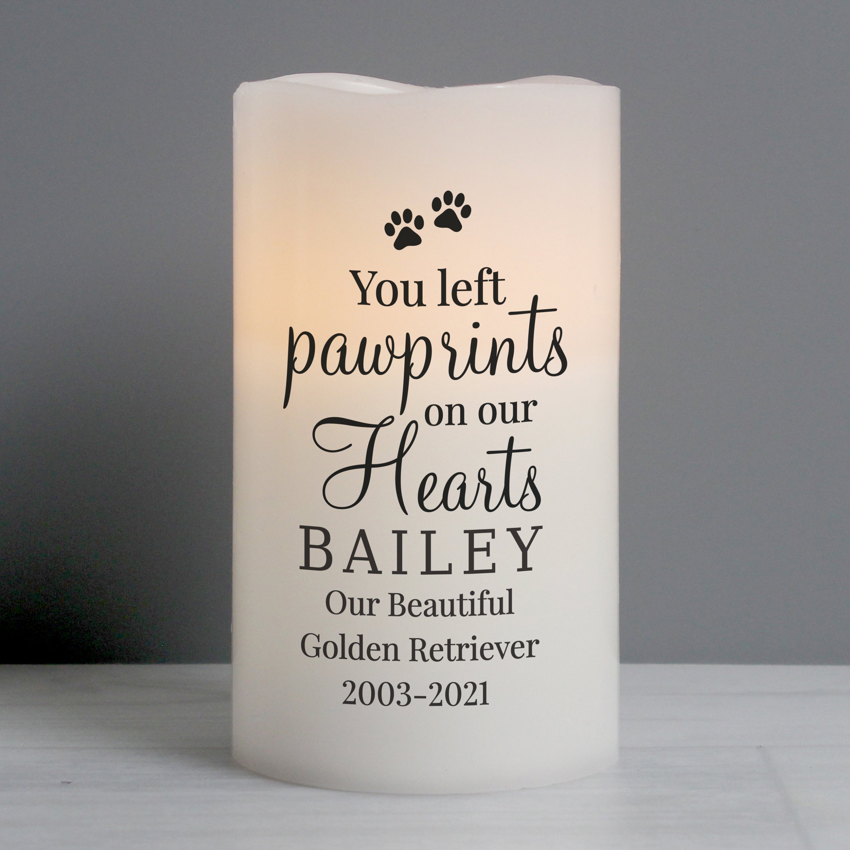 Personalised Pawprints On Our Hearts LED Candle - gift & personalise