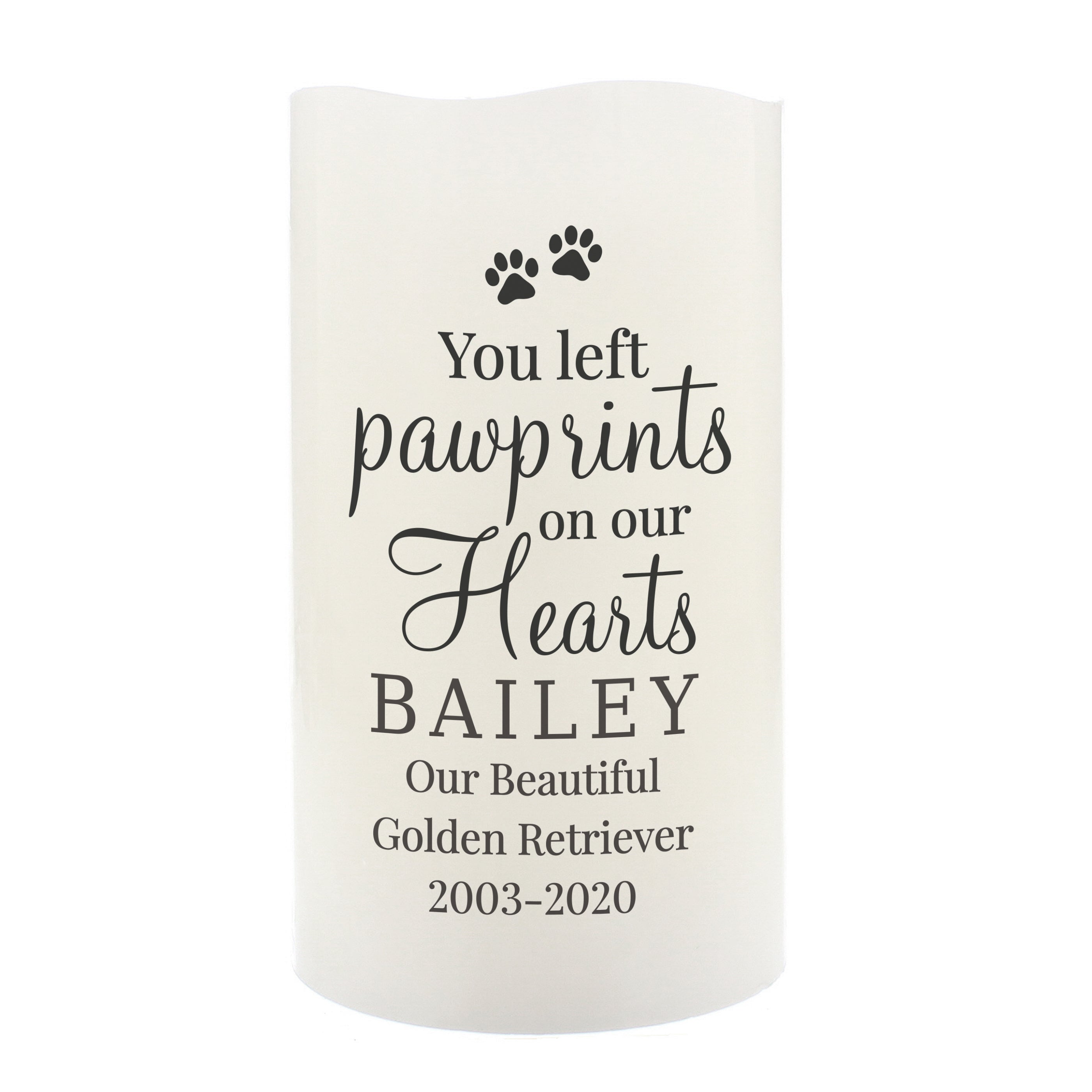 Personalised Pawprints On Our Hearts LED Candle - gift & personalise