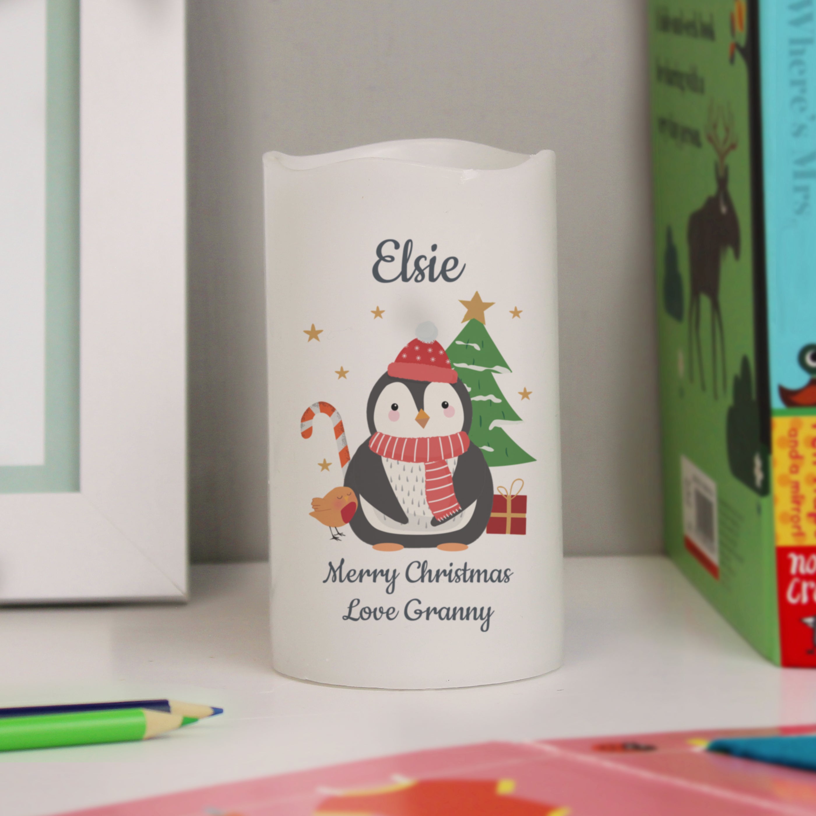 Personalised Penguin Christmas LED Candle - gift & personalise