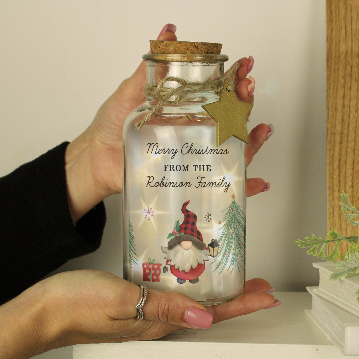 Personalised Gonk Christmas Scene LED Glass Jar - gift & personalise