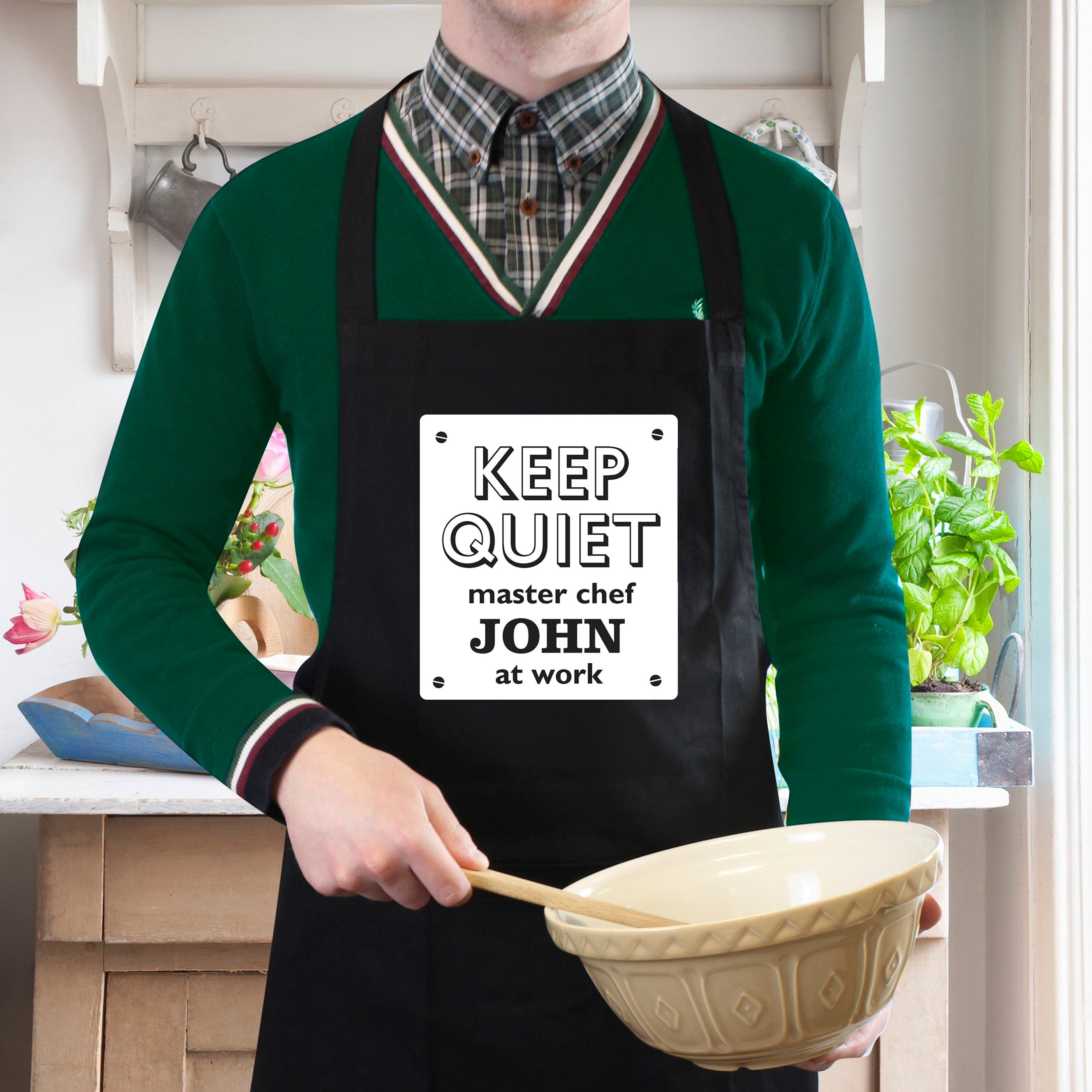 Personalised Keep Quiet Black Apron - gift & personalise