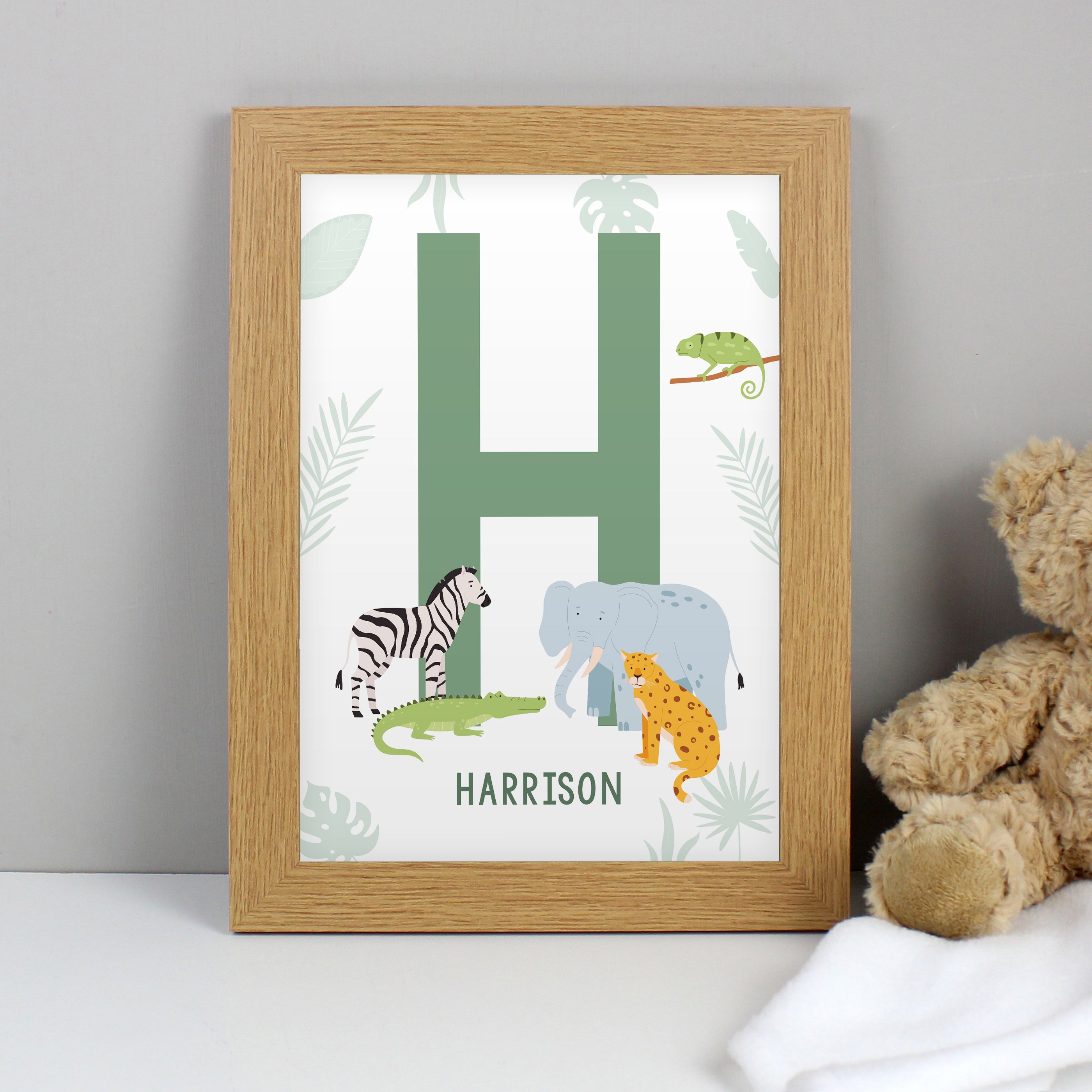 Personalised Safari Animals Initial A4 Oak Framed Print - gift & personalise