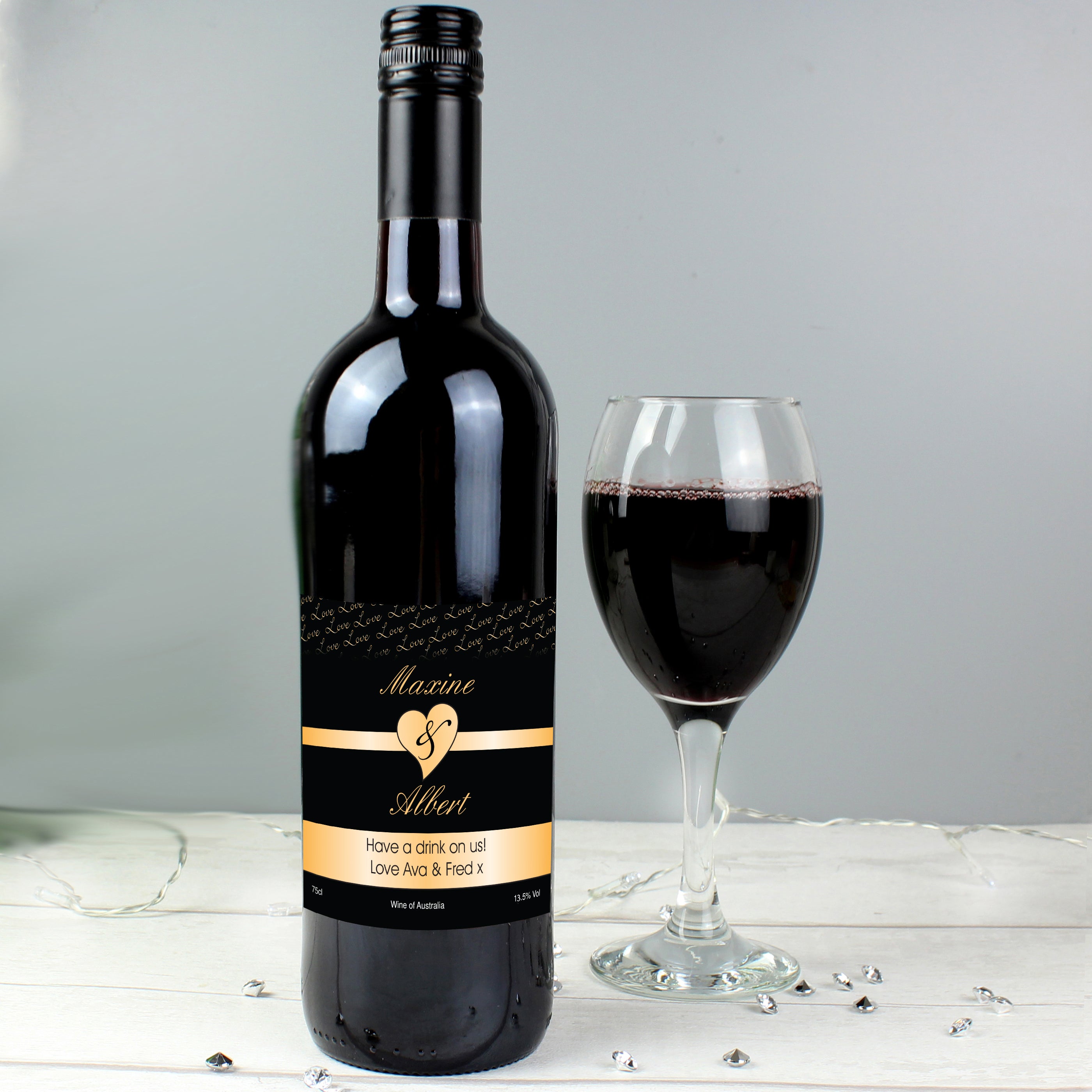 Personalised Couples Heart Red Wine- Black Design - gift & personalise