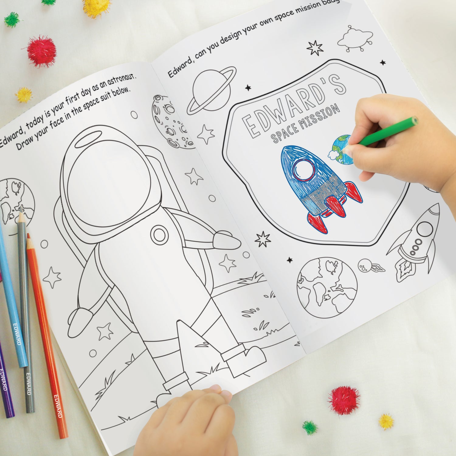 Personalised Space Colouring Book with Pencil Crayons - gift & personalise