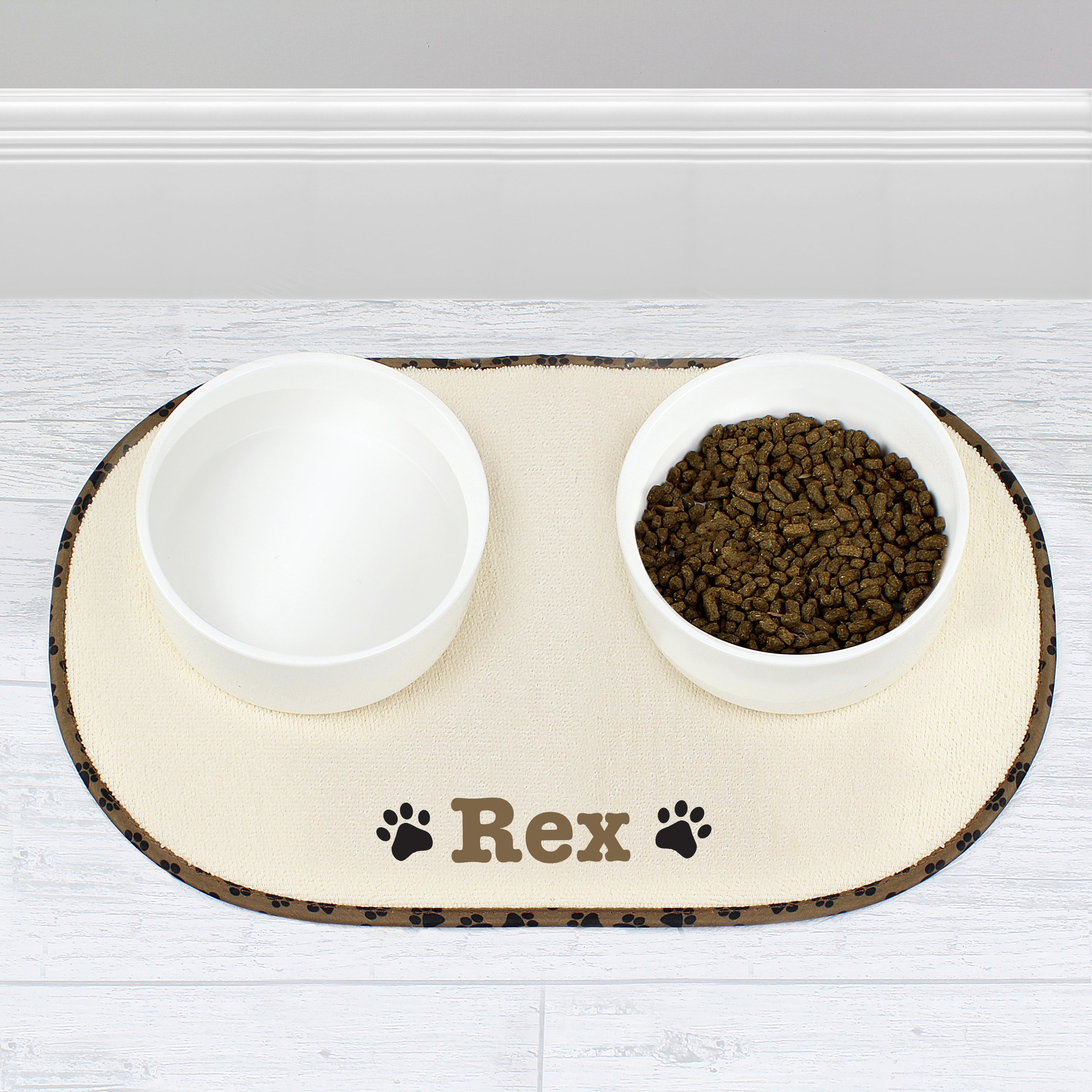 Personalised Brown Microfibre Paw Print Pet Bowl Mat - gift & personalise