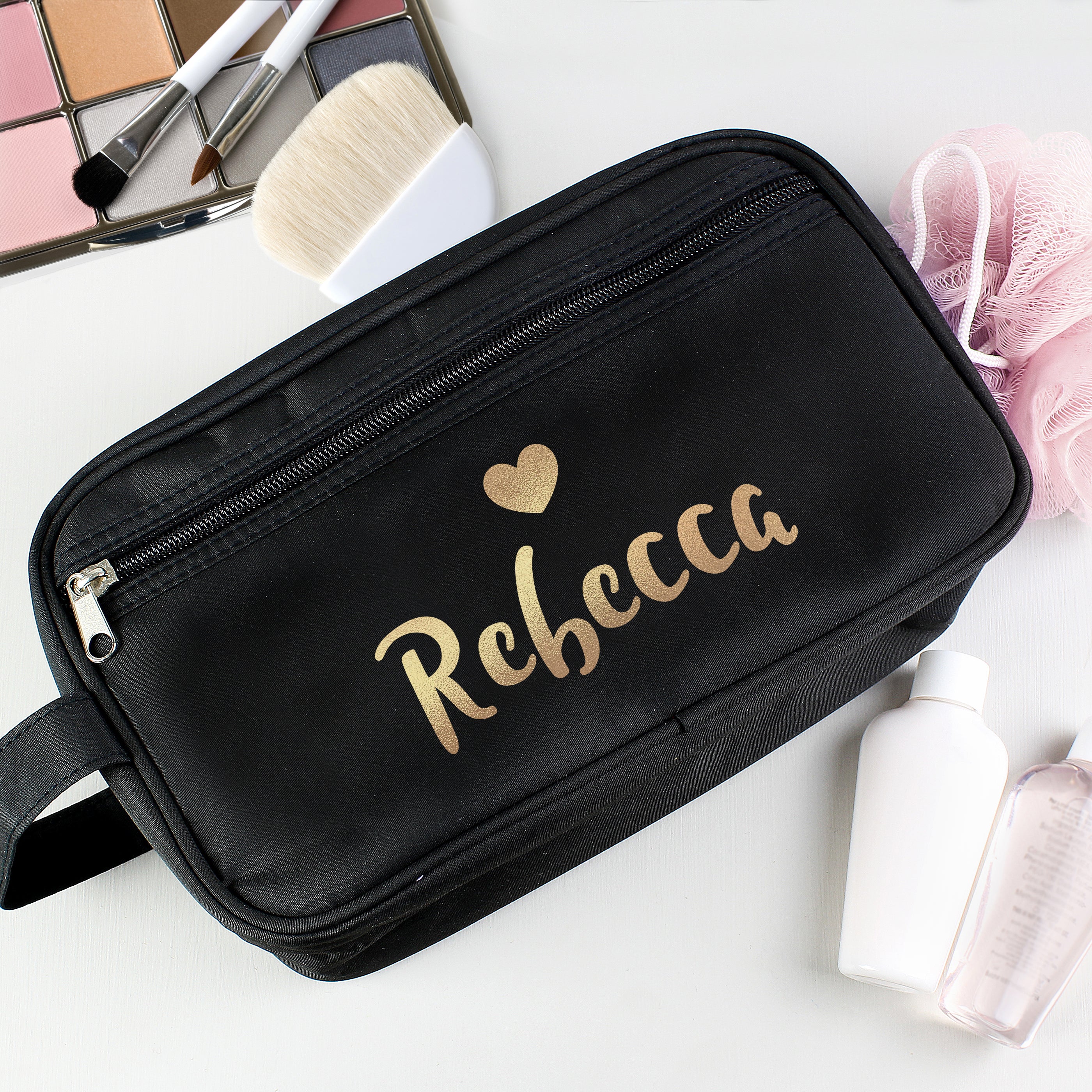 Personalised Gold Name Black Toiletry Bag - gift & personalise