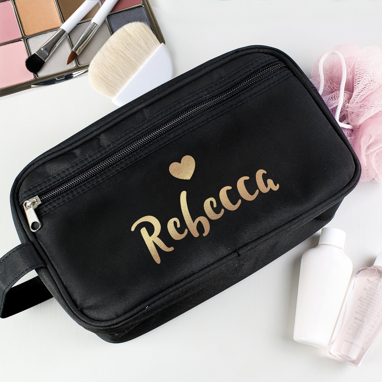 Personalised Gold Name Black Toiletry Bag - gift & personalise