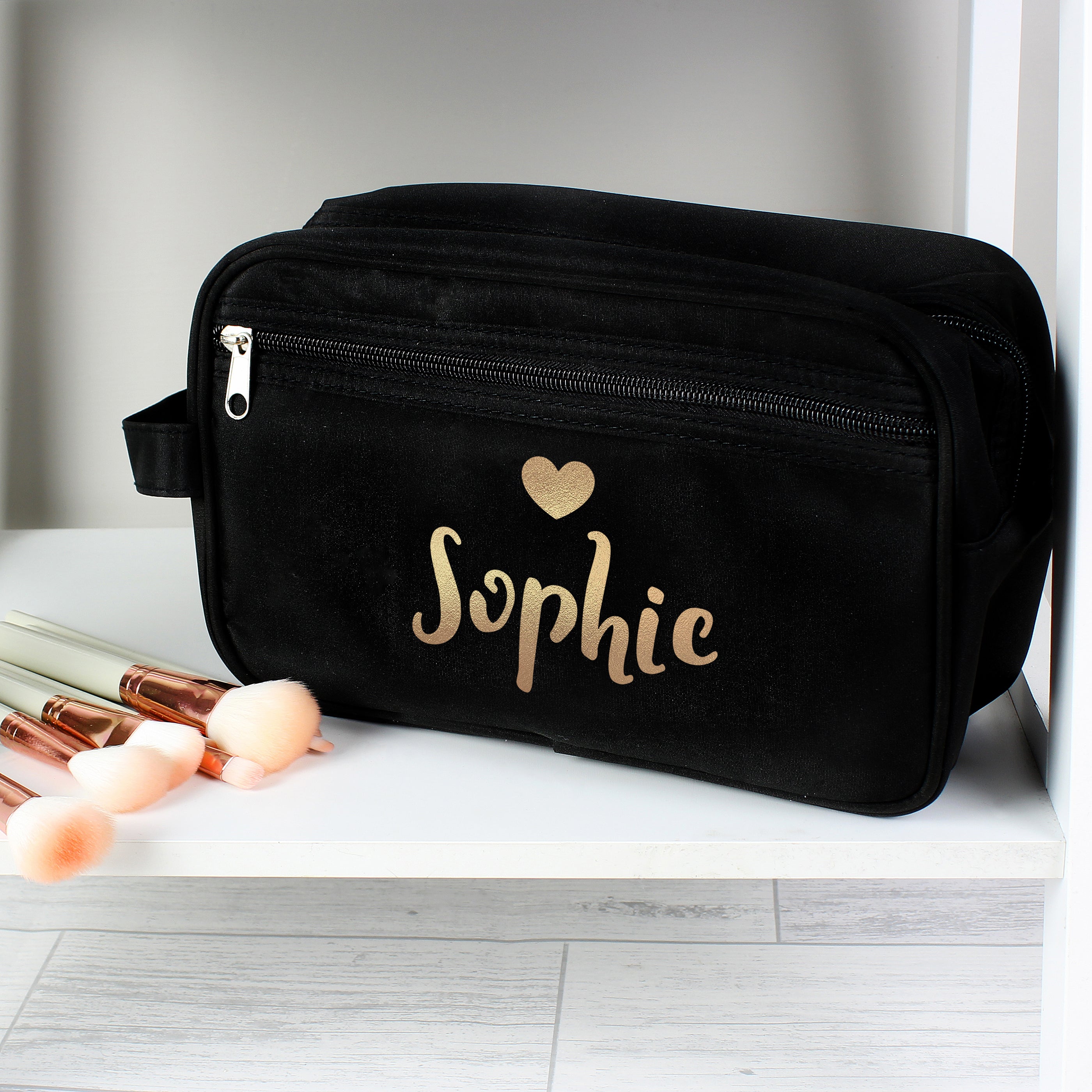 Personalised Gold Name Black Toiletry Bag - gift & personalise