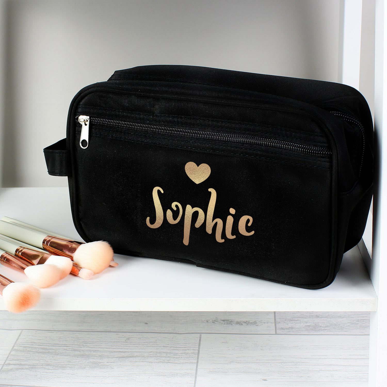 Personalised Gold Name Black Toiletry Bag - gift & personalise
