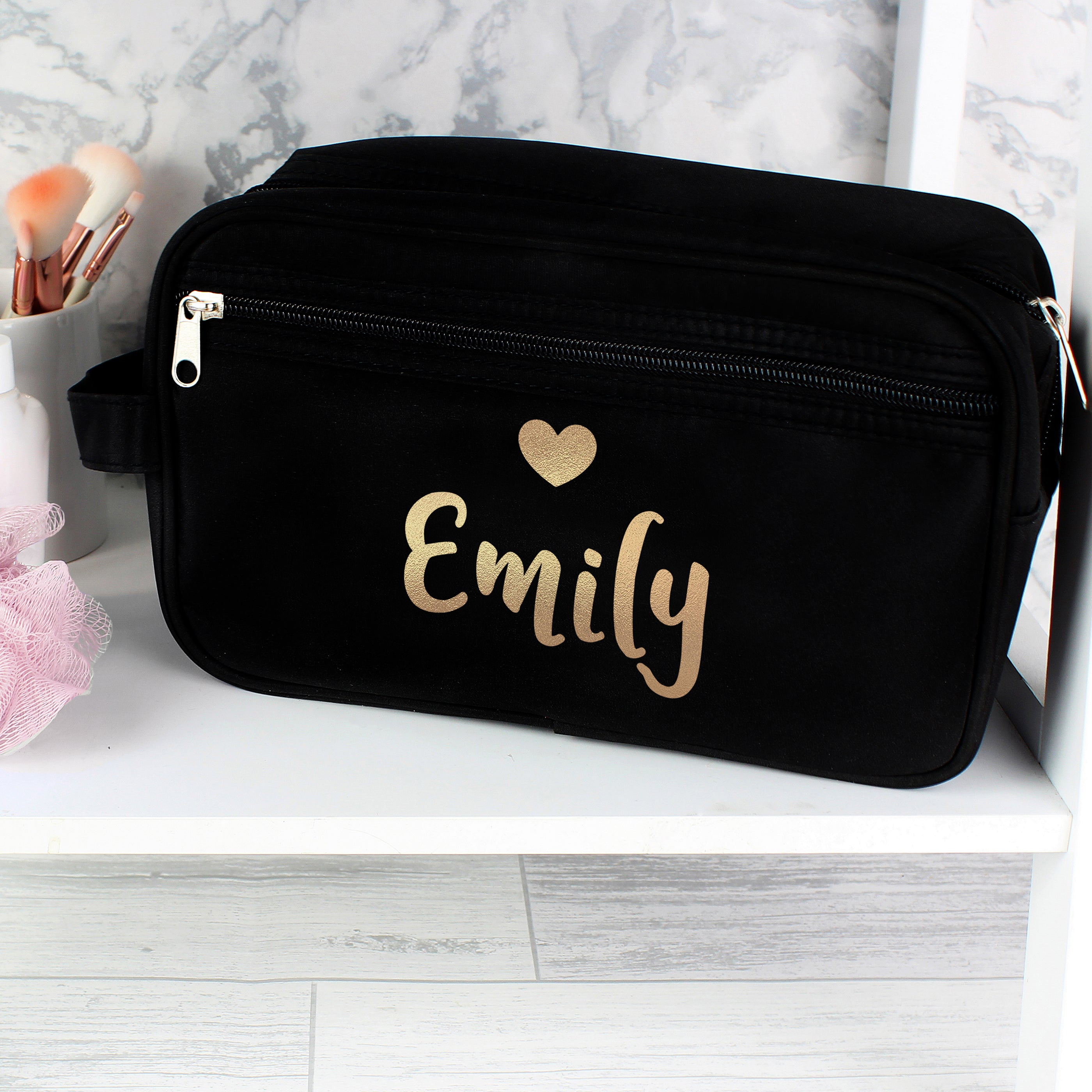 Personalised Gold Name Black Toiletry Bag - gift & personalise