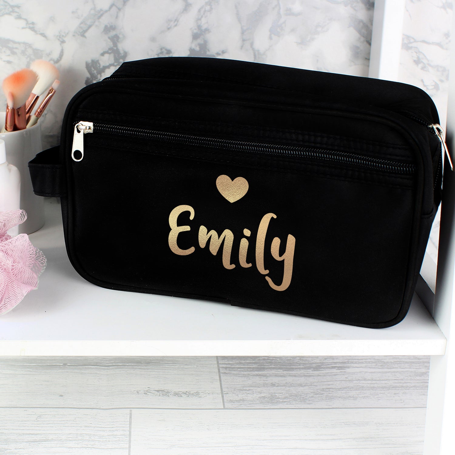 Personalised Gold Name Black Toiletry Bag - gift & personalise