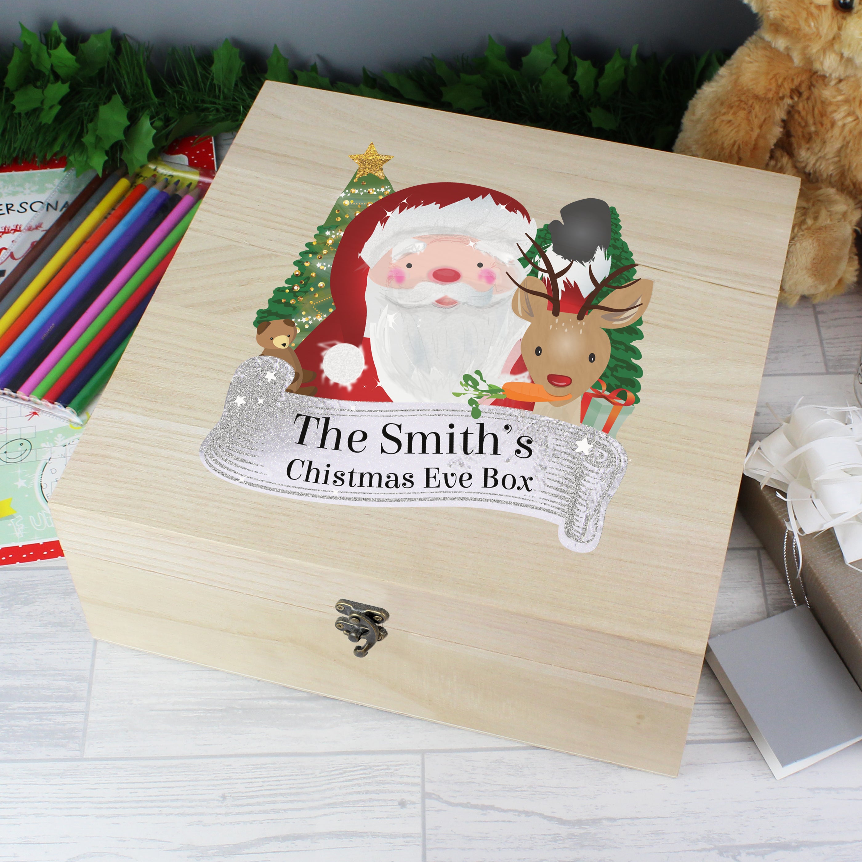 Personalised Colourful Santa Large Wooden Christmas Eve Box - gift & personalise