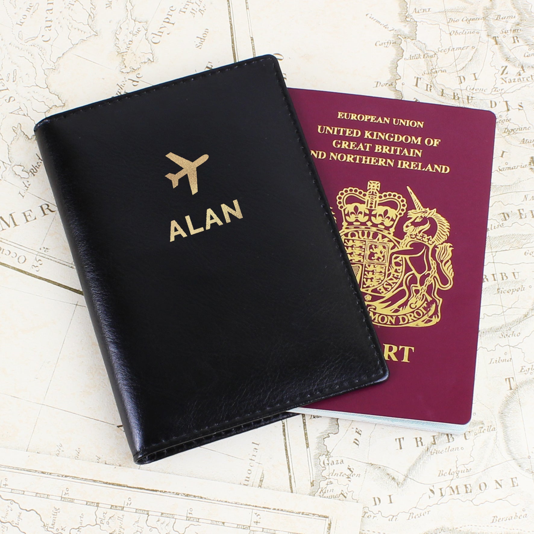 Personalised Gold Name Black Passport Holder - gift & personalise