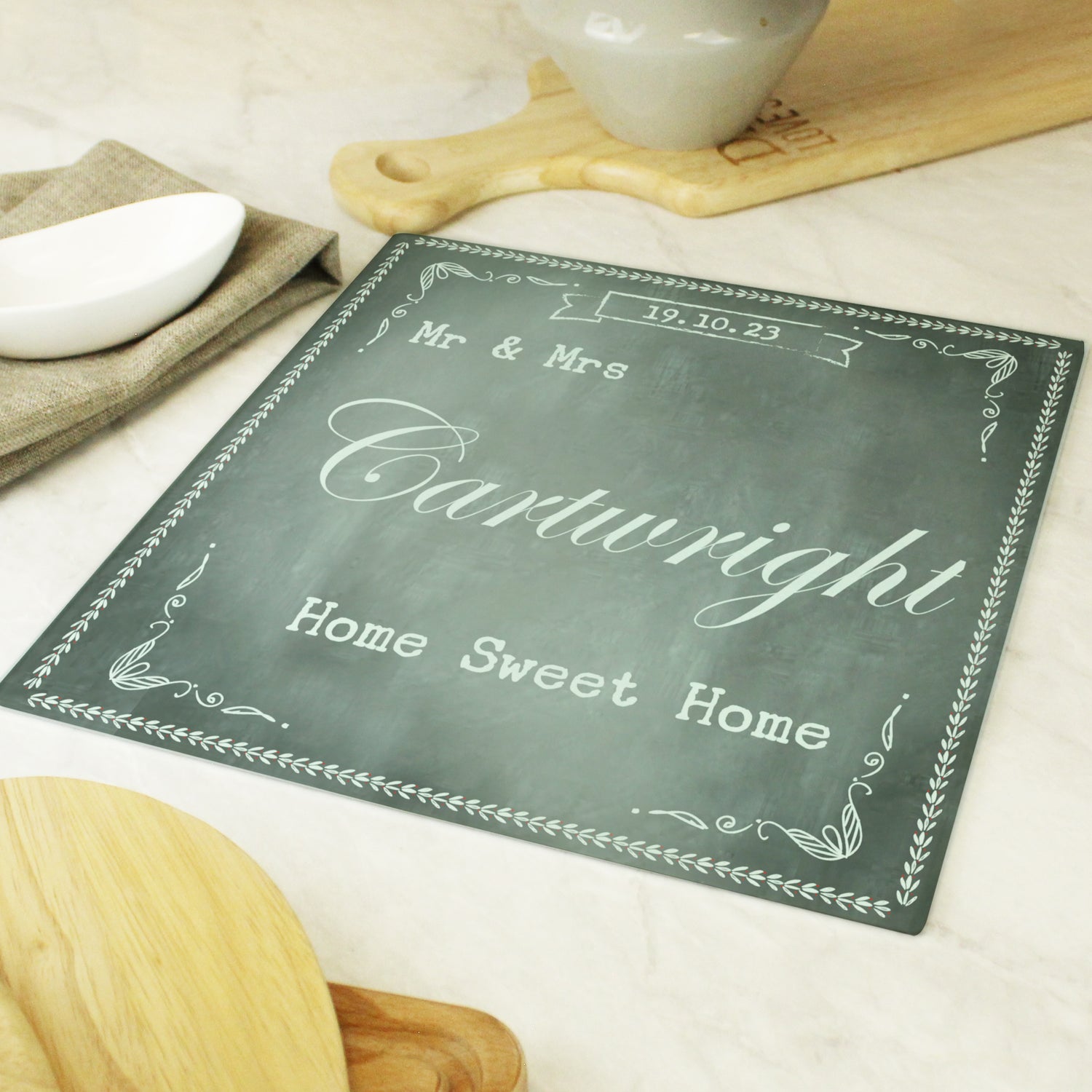 Personalised Family Chalk Glass Chopping Board/Worktop Saver - gift & personalise