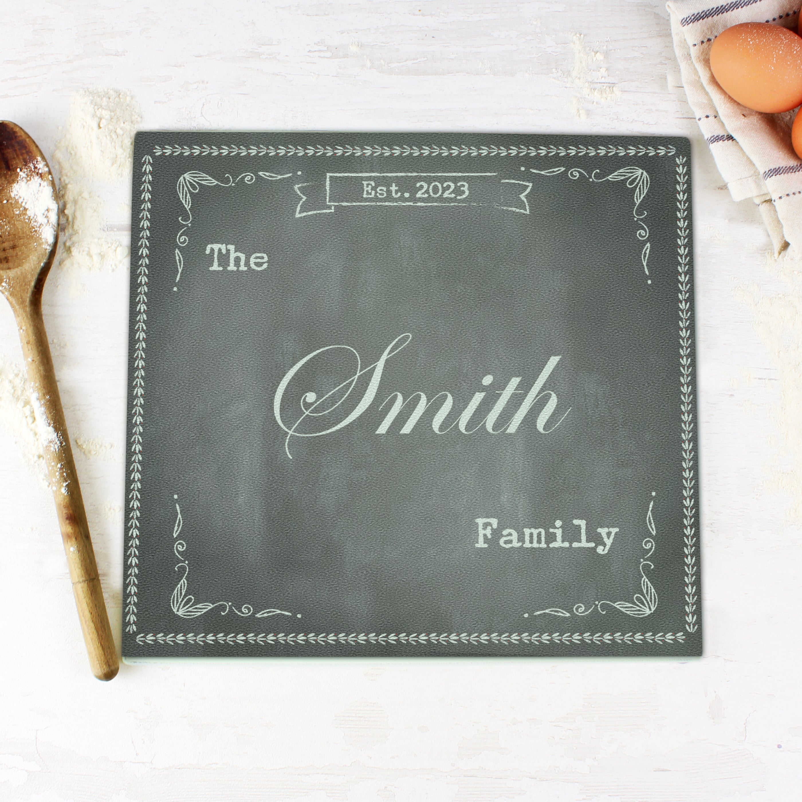 Personalised Family Chalk Glass Chopping Board/Worktop Saver - gift & personalise