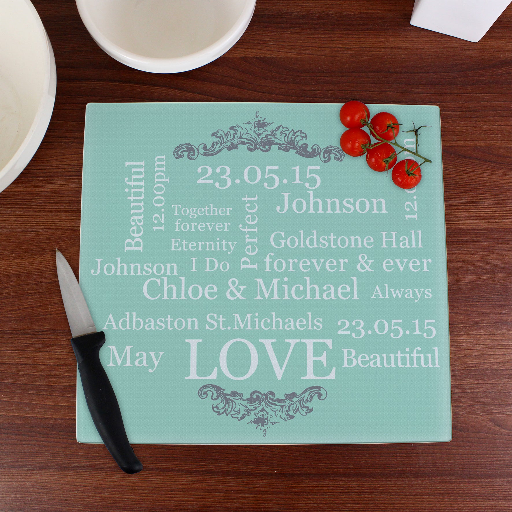 Personalised Typography Glass Chopping Board/Worktop Saver - gift & personalise