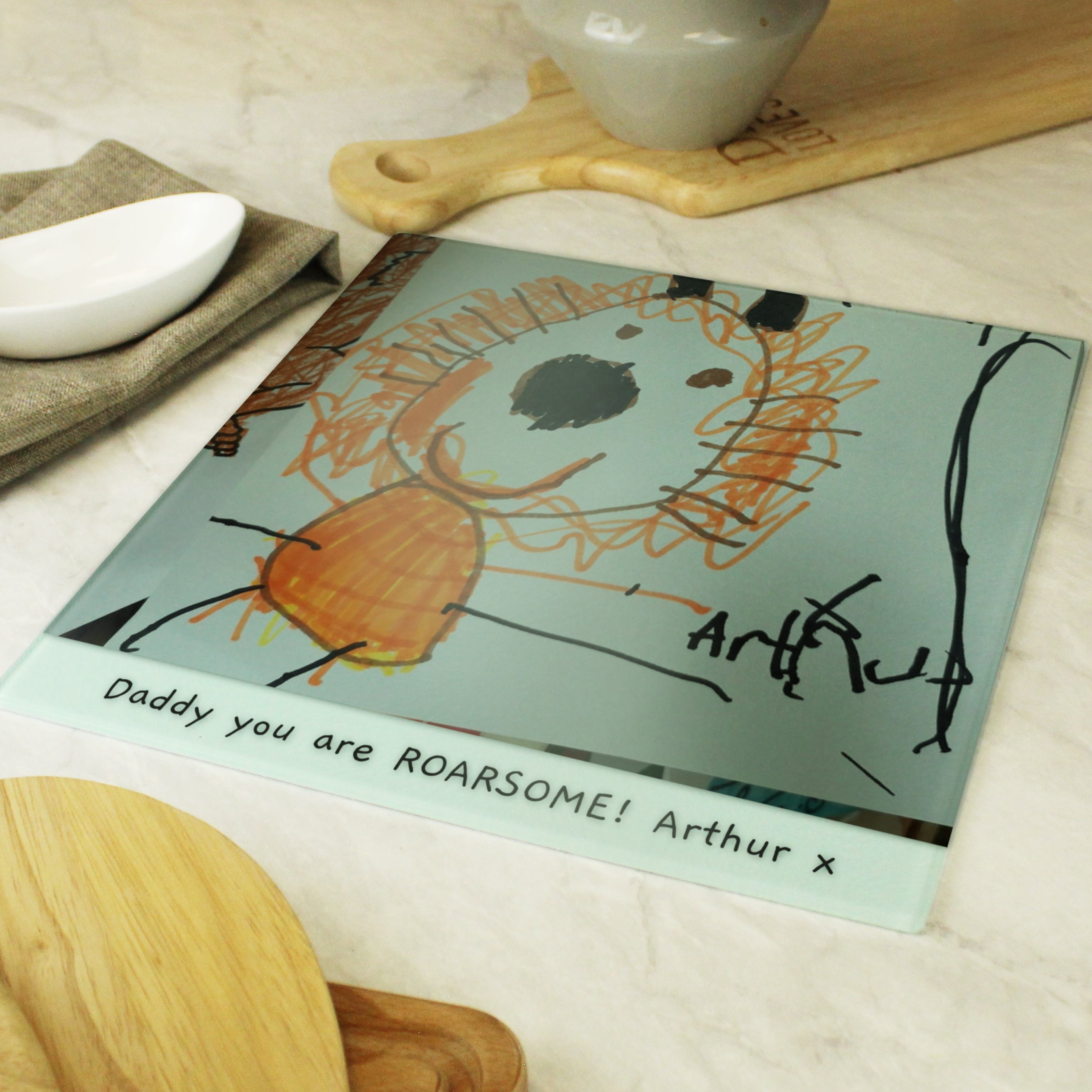 Personalised Childrens Drawing Photo Upload Glass Chopping Board/Worktop Saver - gift & personalise