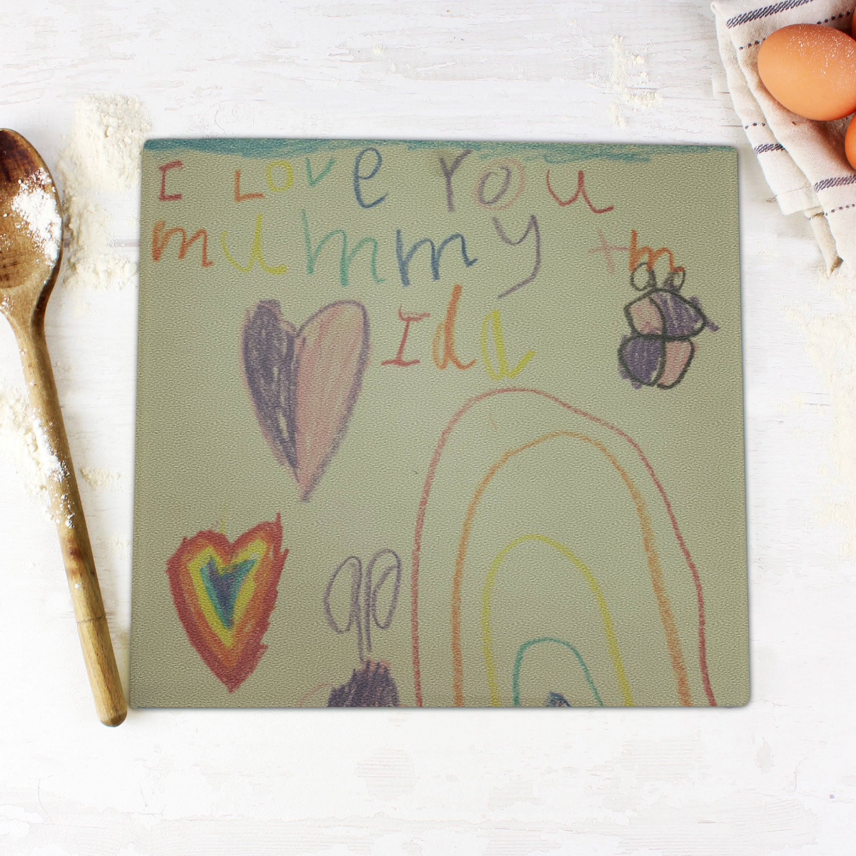 Personalised Childrens Drawing Photo Upload Glass Chopping Board/Worktop Saver - gift & personalise