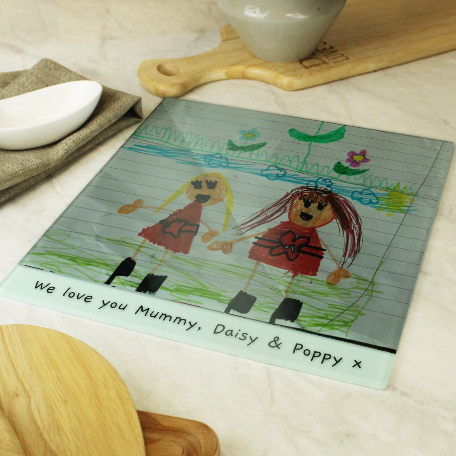 Personalised Childrens Drawing Photo Upload Glass Chopping Board/Worktop Saver - gift & personalise