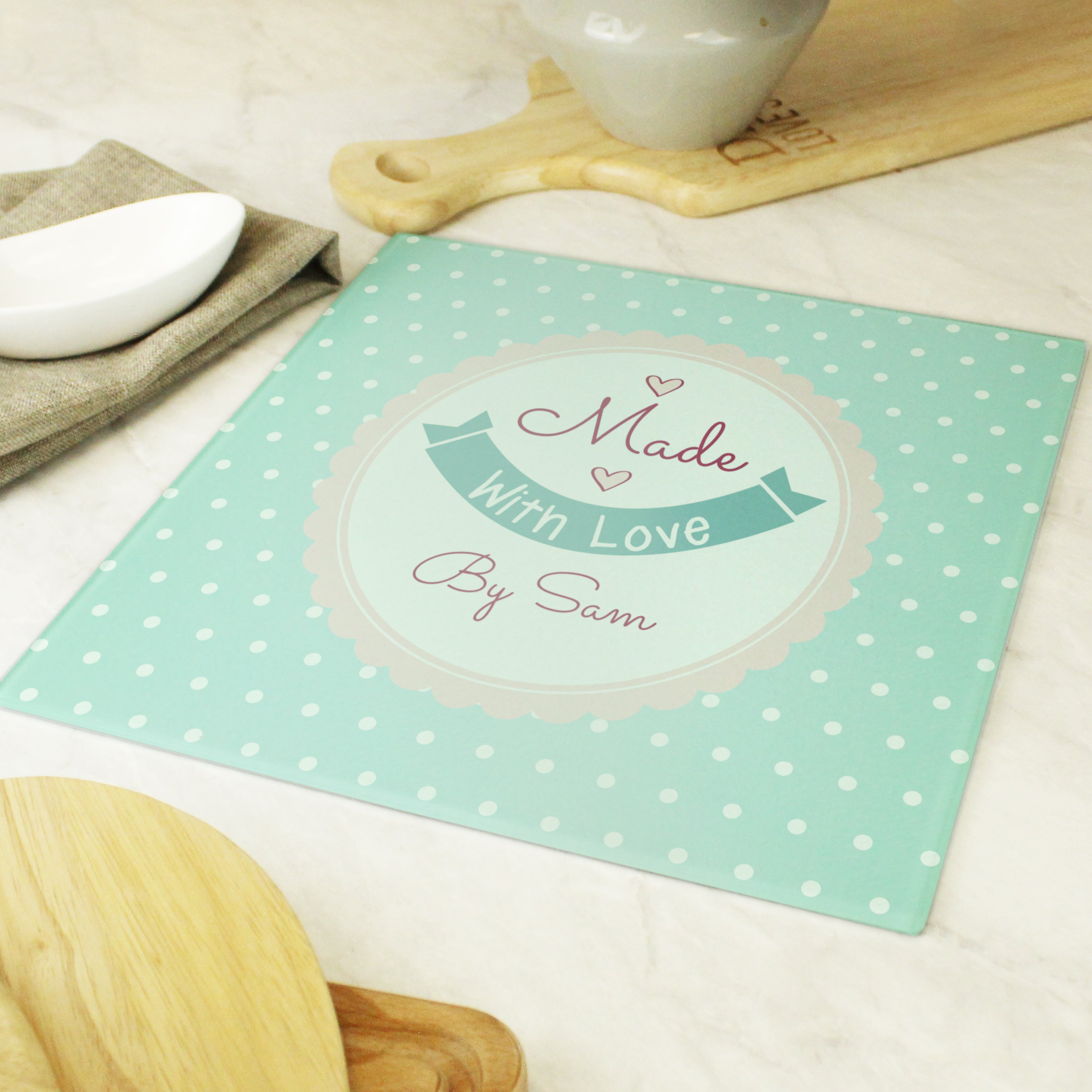 Personalised Made with Love Glass Chopping Board/Worktop Saver - gift & personalise