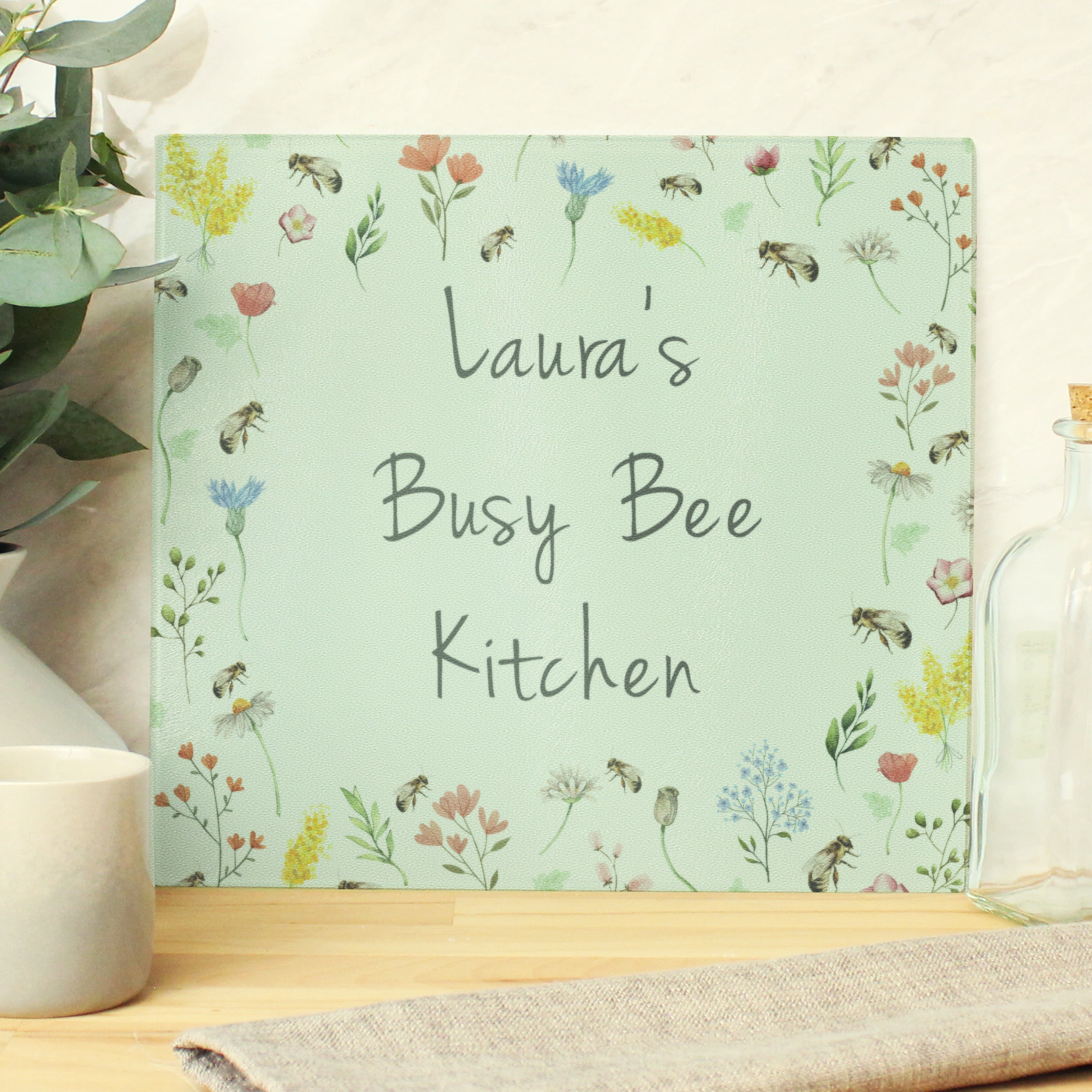 Personalised Busy Bee Glass Chopping Board/Worktop Saver - gift & personalise