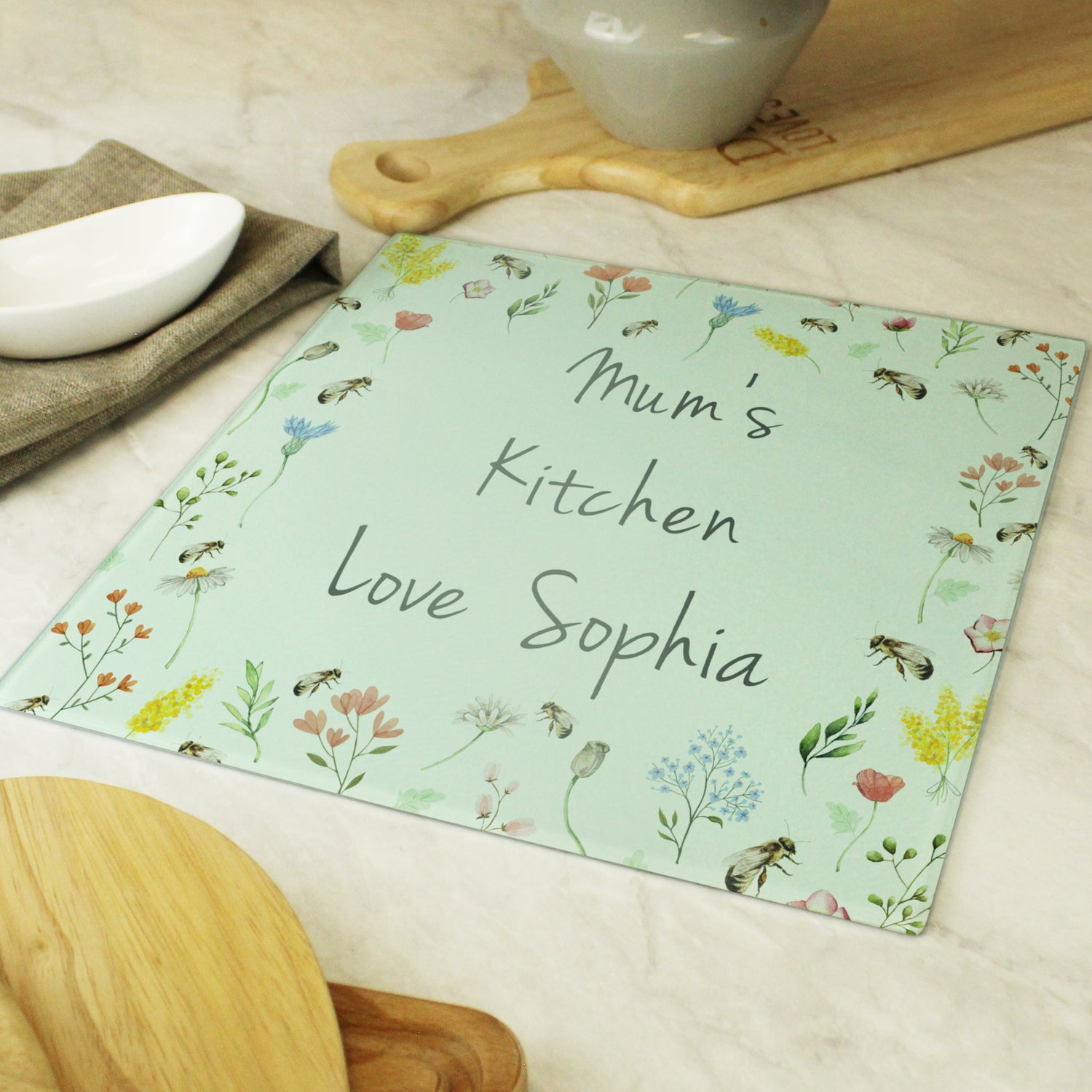 Personalised Busy Bee Glass Chopping Board/Worktop Saver - gift & personalise