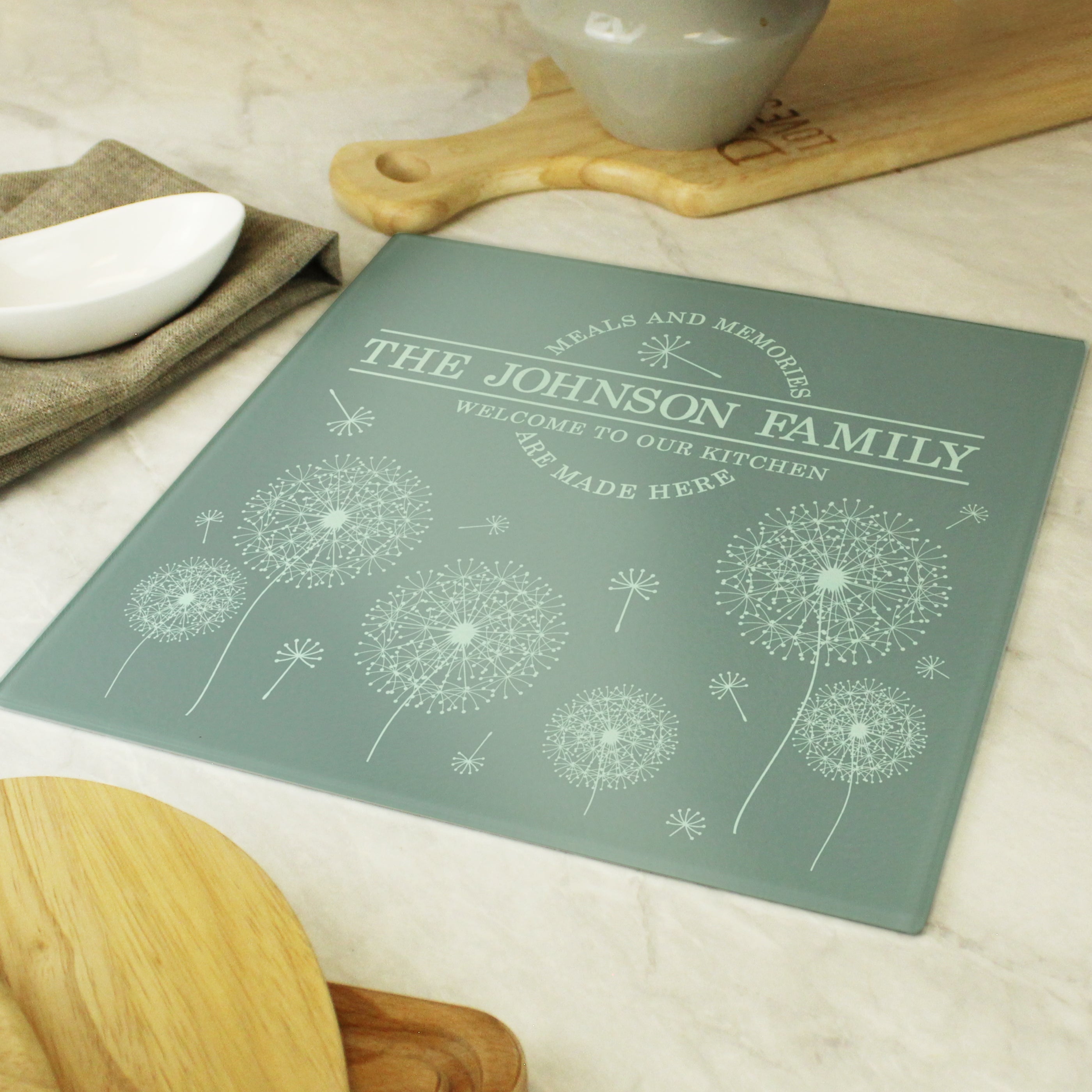 Personalised Dandelion Glass Chopping Board/Worktop Saver - gift & personalise