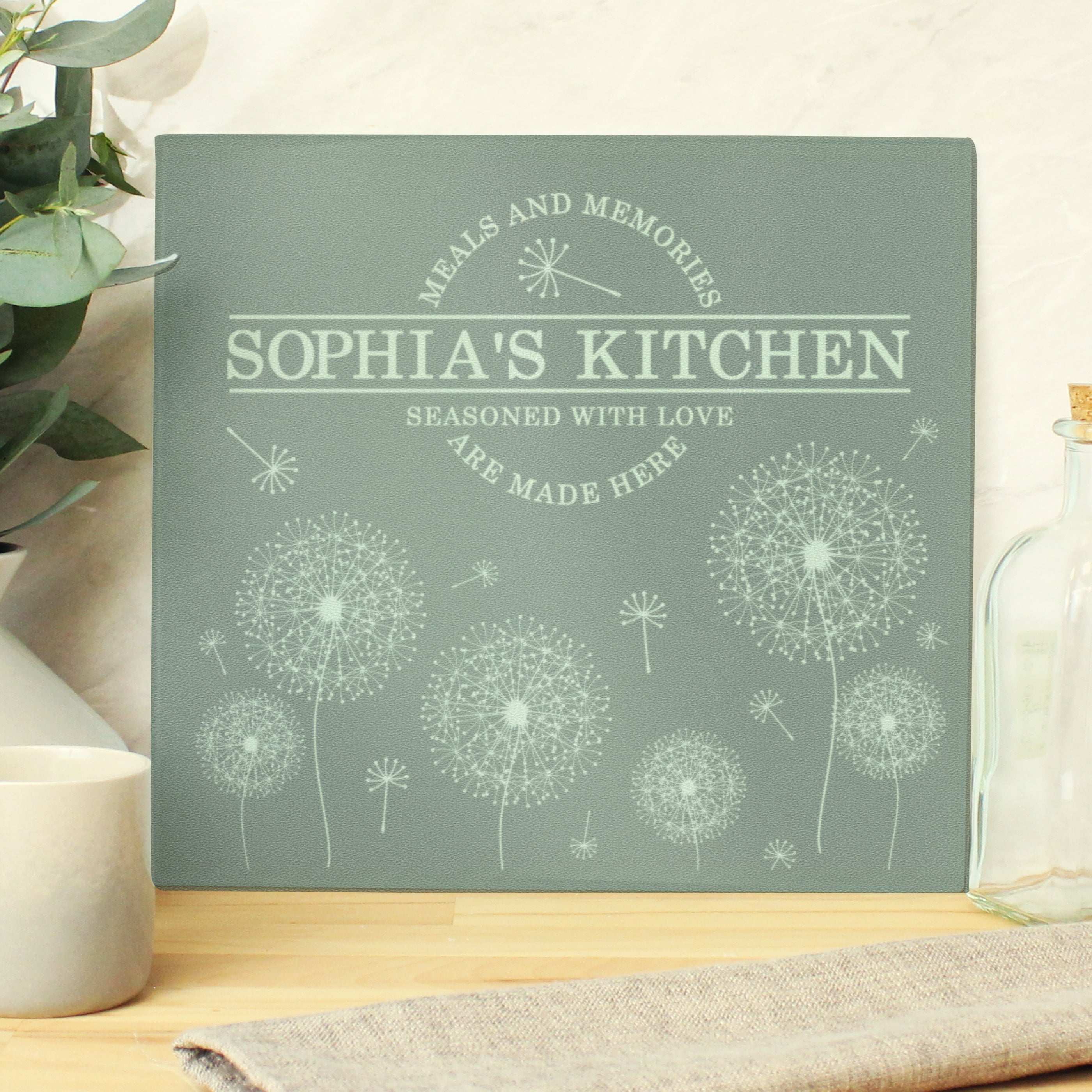 Personalised Dandelion Glass Chopping Board/Worktop Saver - gift & personalise