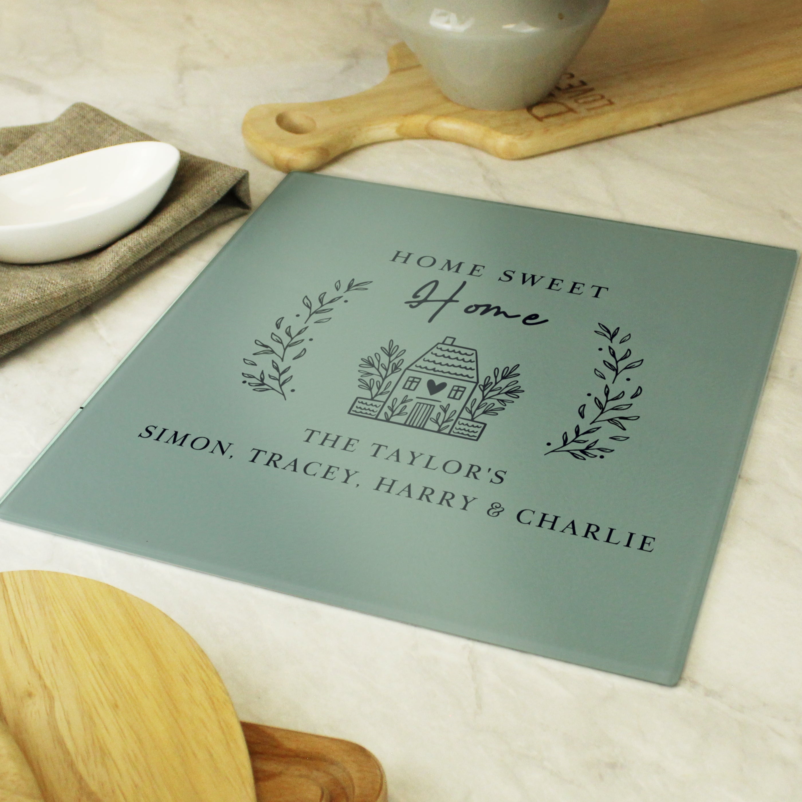 Personalised HOME Glass Chopping Board/Worktop Saver - gift & personalise