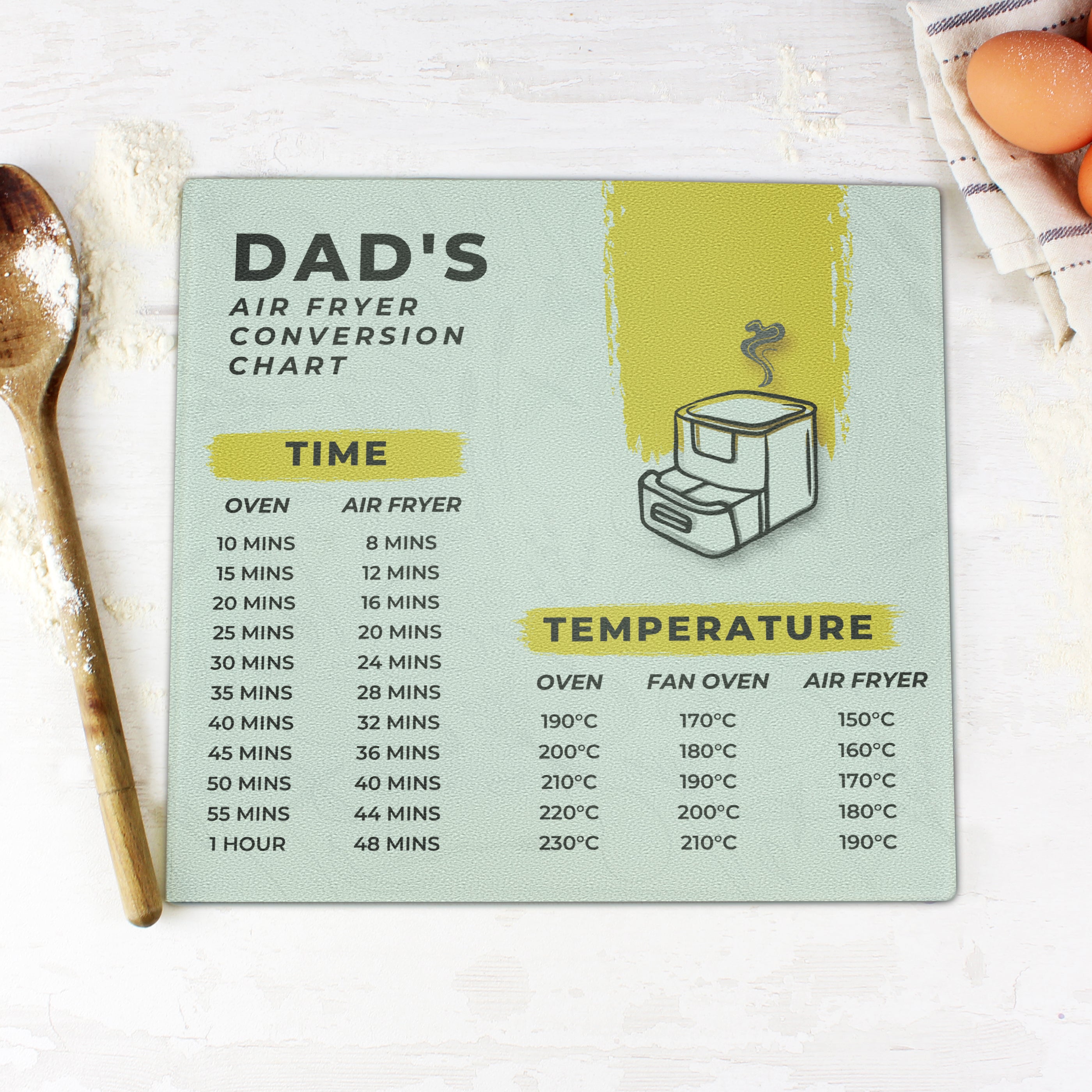 Personalised Air Fryer Chart Glass Chopping Board/Worktop Saver - gift & personalise