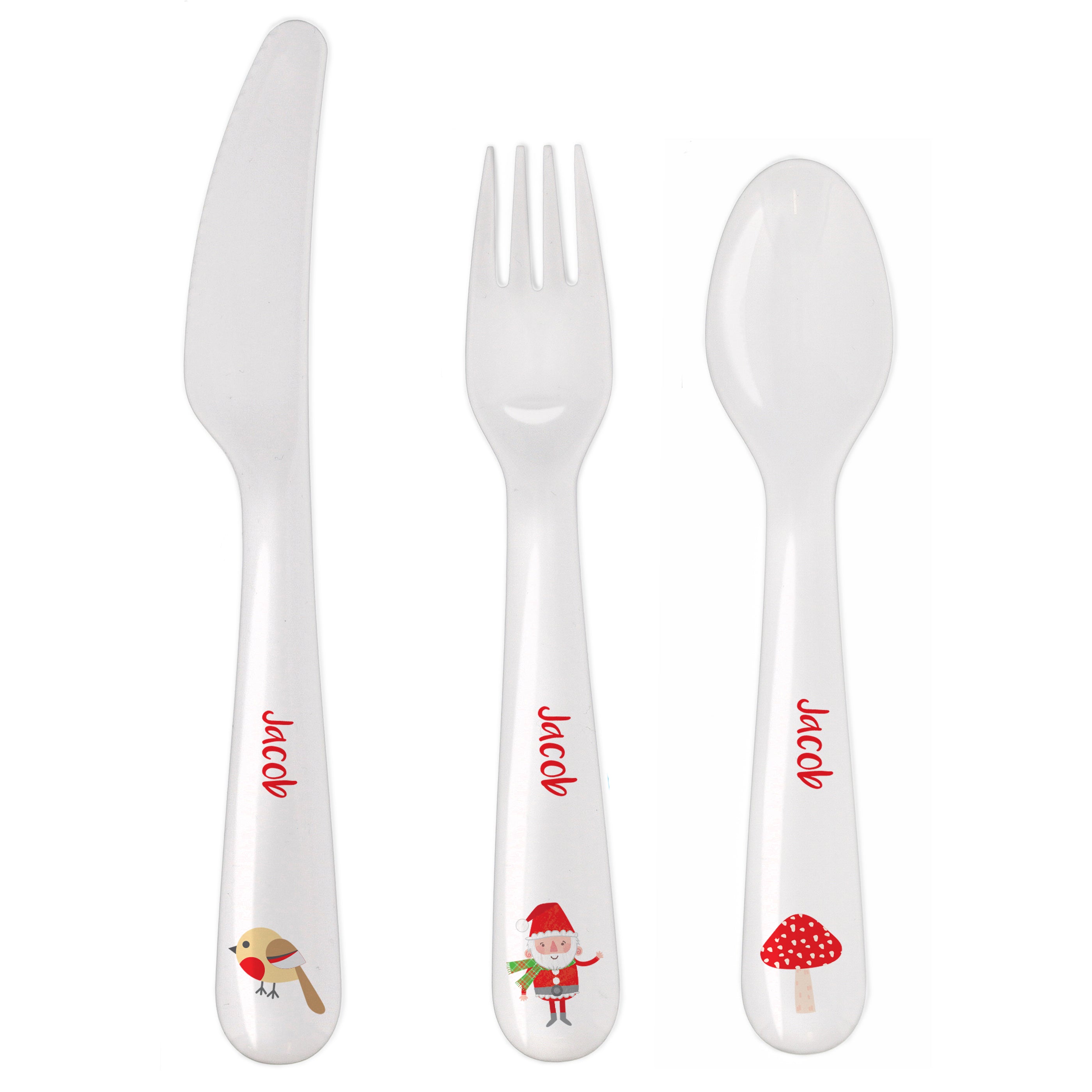 Personalised Christmas Toadstool Santa 3 Piece Plastic Cutlery Set - gift & personalise